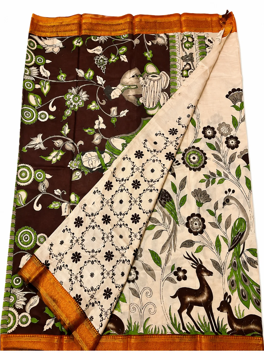 Ivory and Chocolate Brown Kalamkari Printed Saree