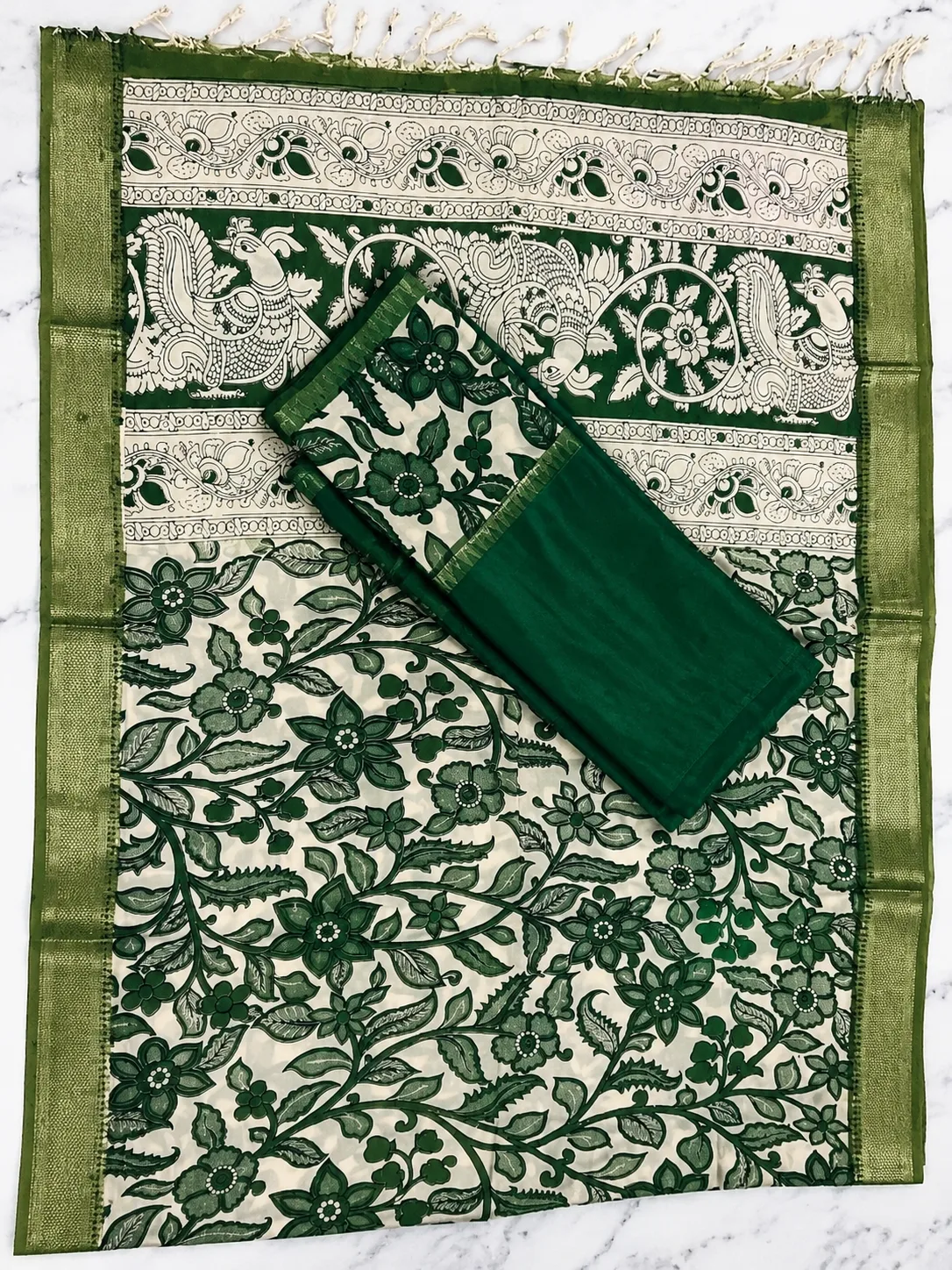 Green Floral Kalamkari Cotton Saree with Peacock Border