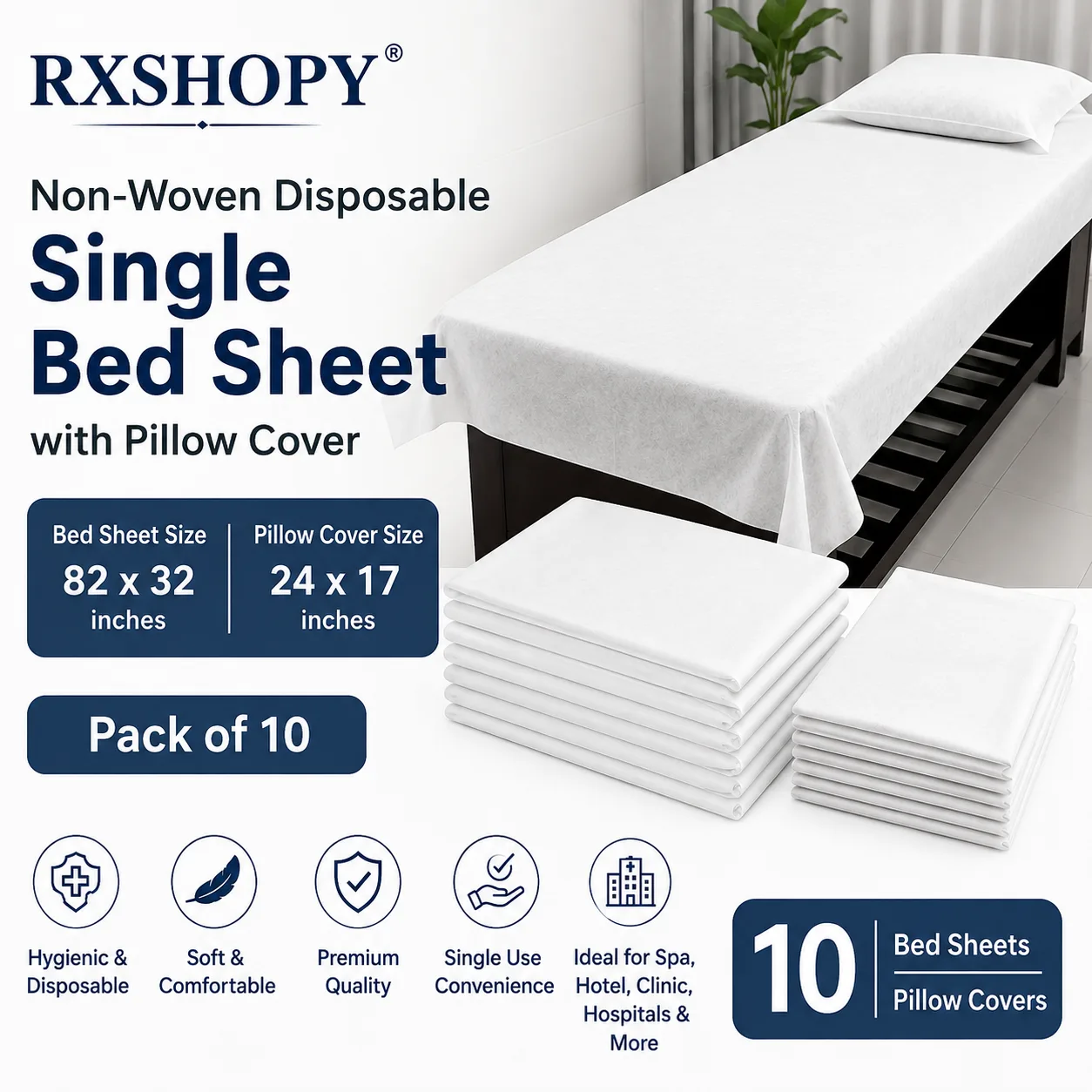 RXSHOPY White Non-Woven Disposable Single Bed Sheet (82 x 32 Inch) with Pillow Cover (27 x 17 Inch), Pack of 10