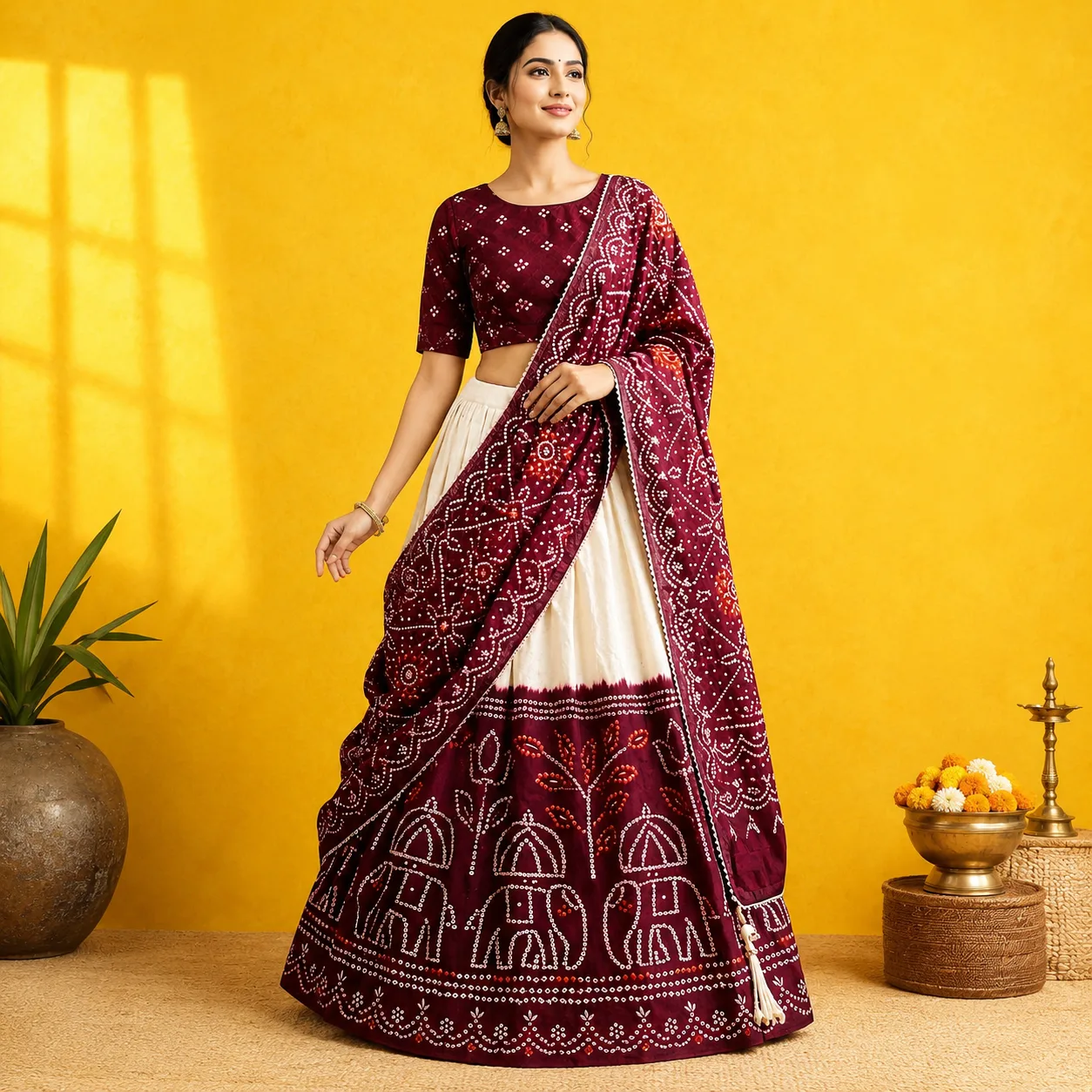 Kalankari Half Sraee I 3V - 001 I  Cream and Magentha Border