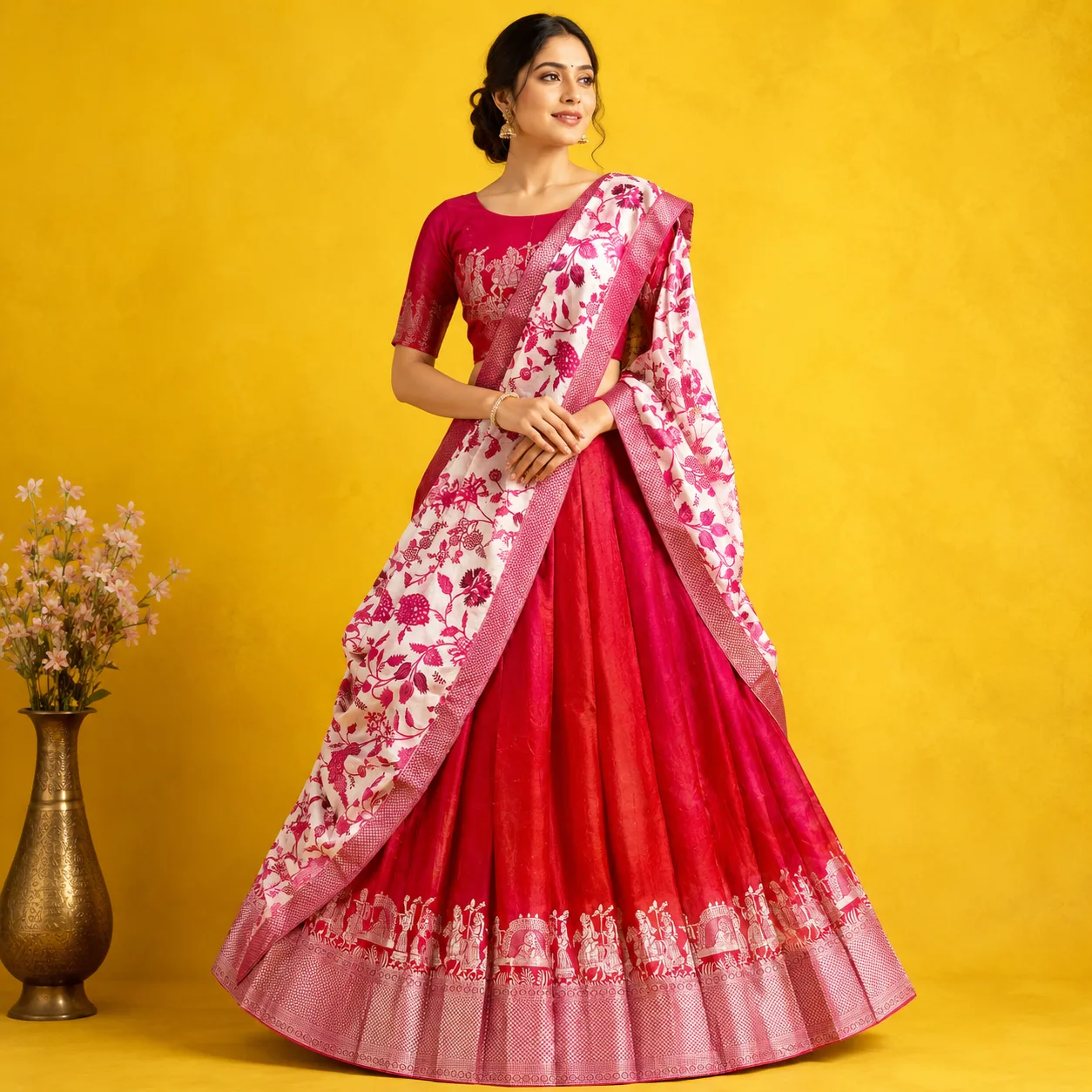 SemiPattu Half Saree I 3V - 002 I Rani Pink Dupata With Kalankari Print
