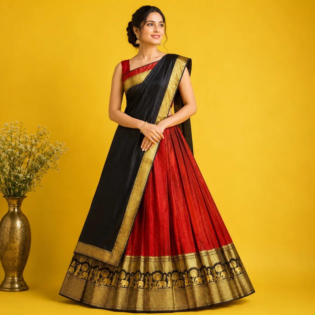 SemiPattu Half Saree I 3V - 003 I Lehanga Meroon Border Black