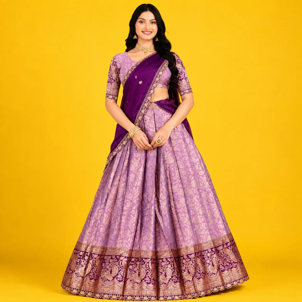 Benras HalfSaree I 3V - 005 I lavender Wine Border