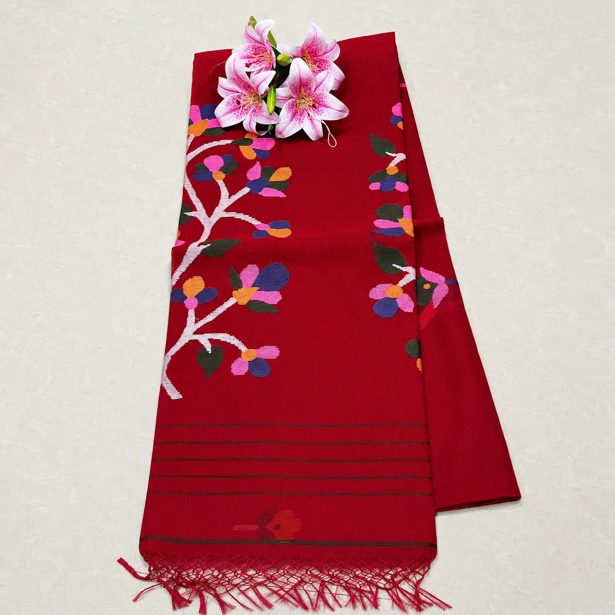 Deep Red Multicolor Floral Saree
