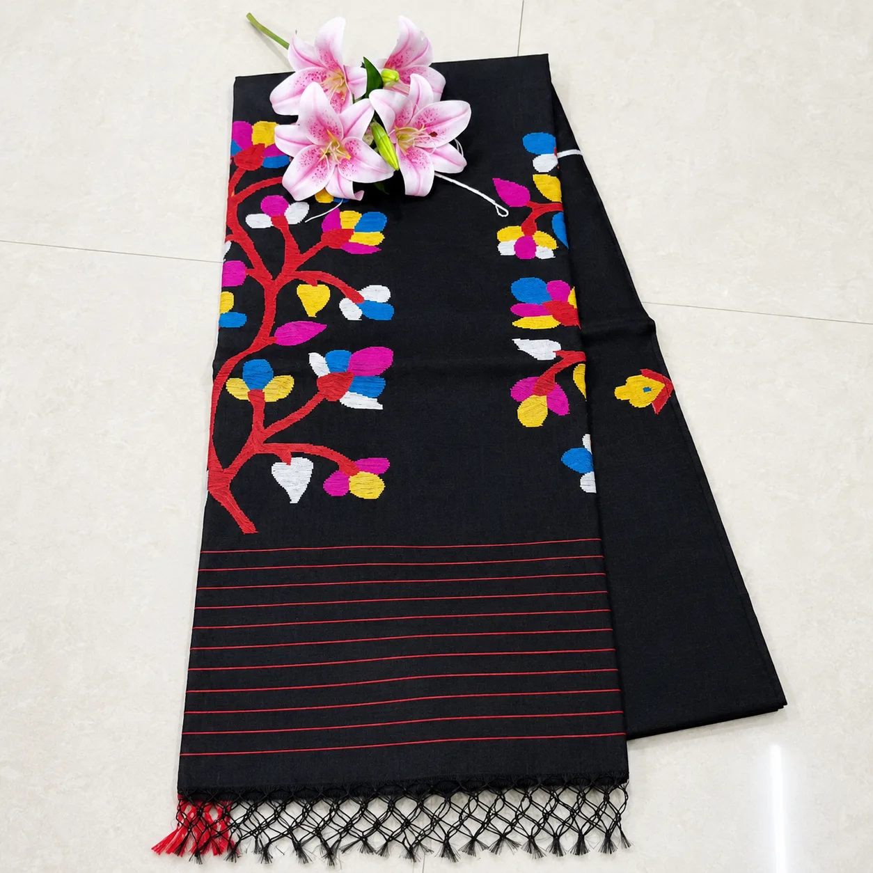 Black Multicolor Floral Saree