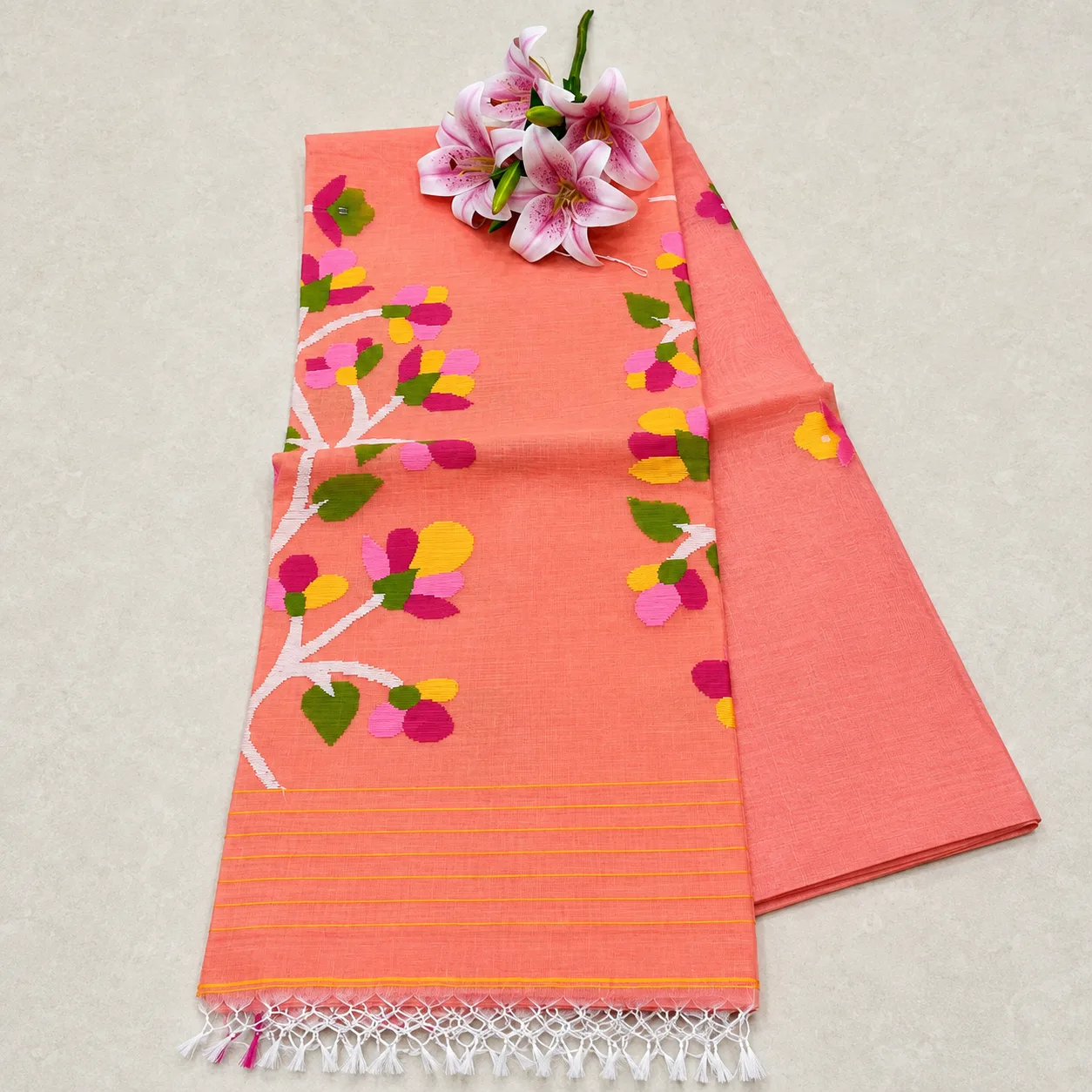 Coral Peach Floral Saree