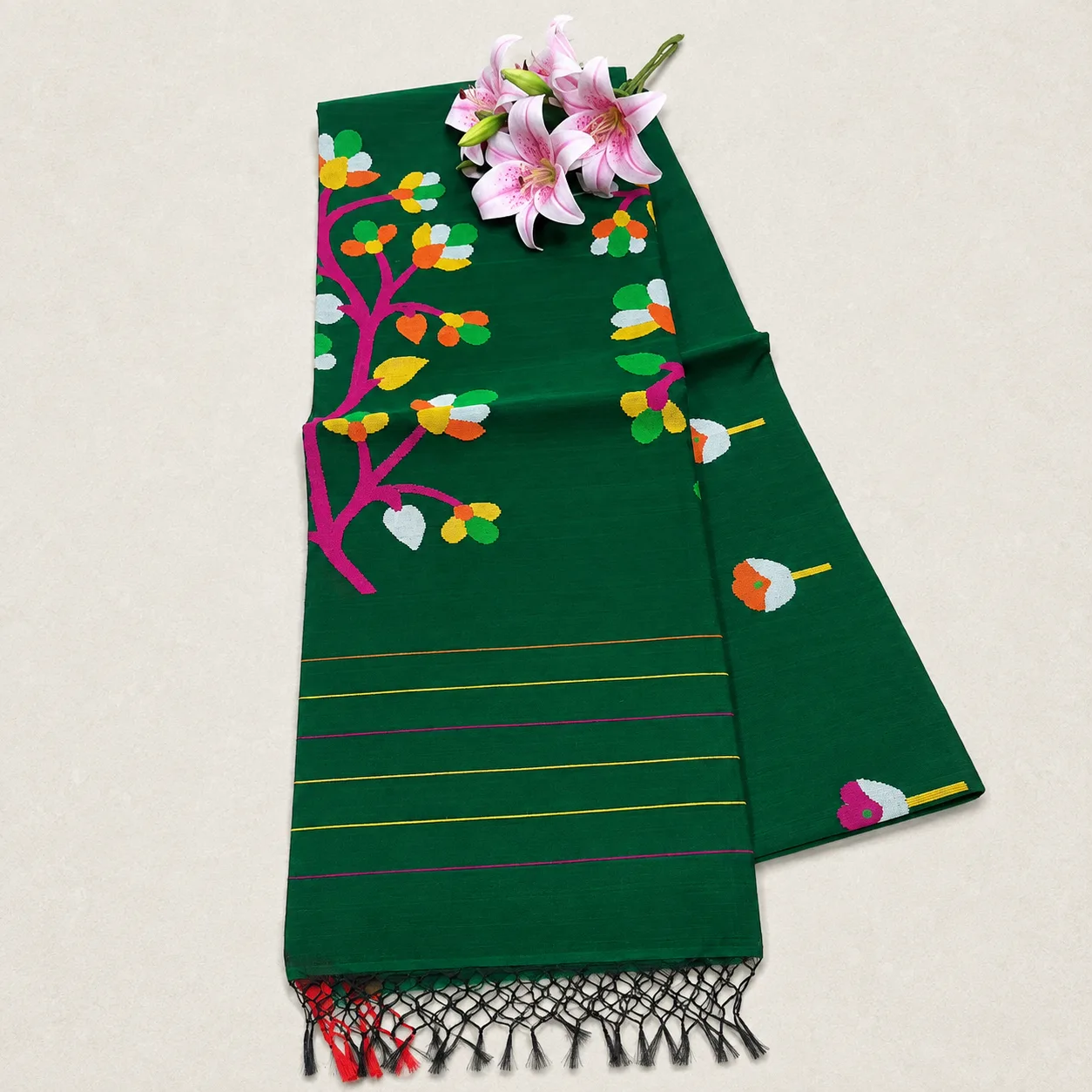 Emerald Green Multicolor Floral Saree