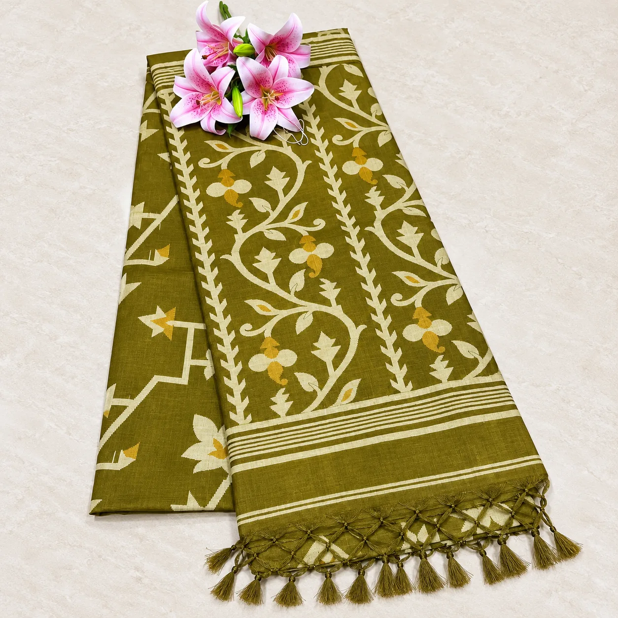 Olive Green Floral Vine Saree