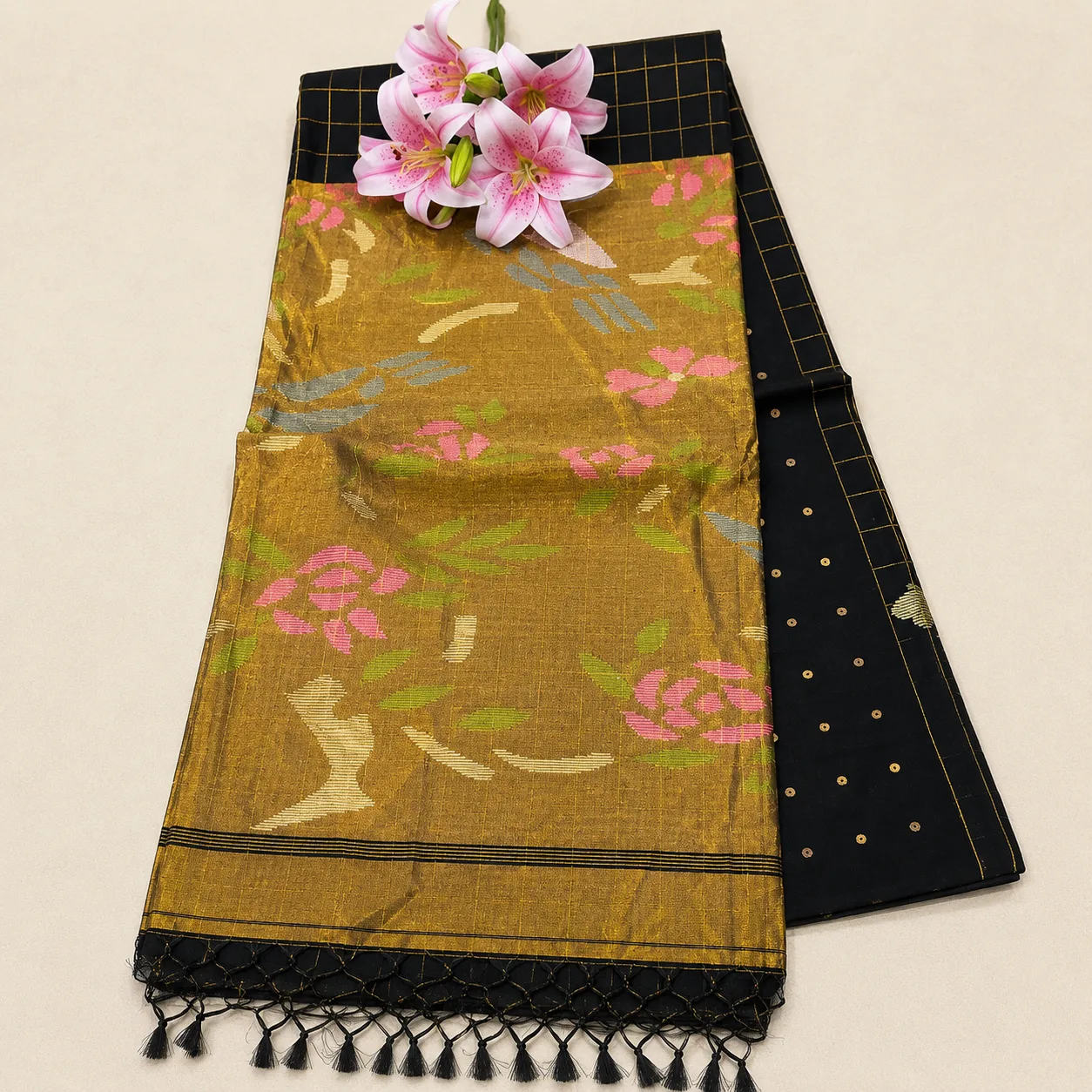 Mustard Gold &amp; Black Floral Saree