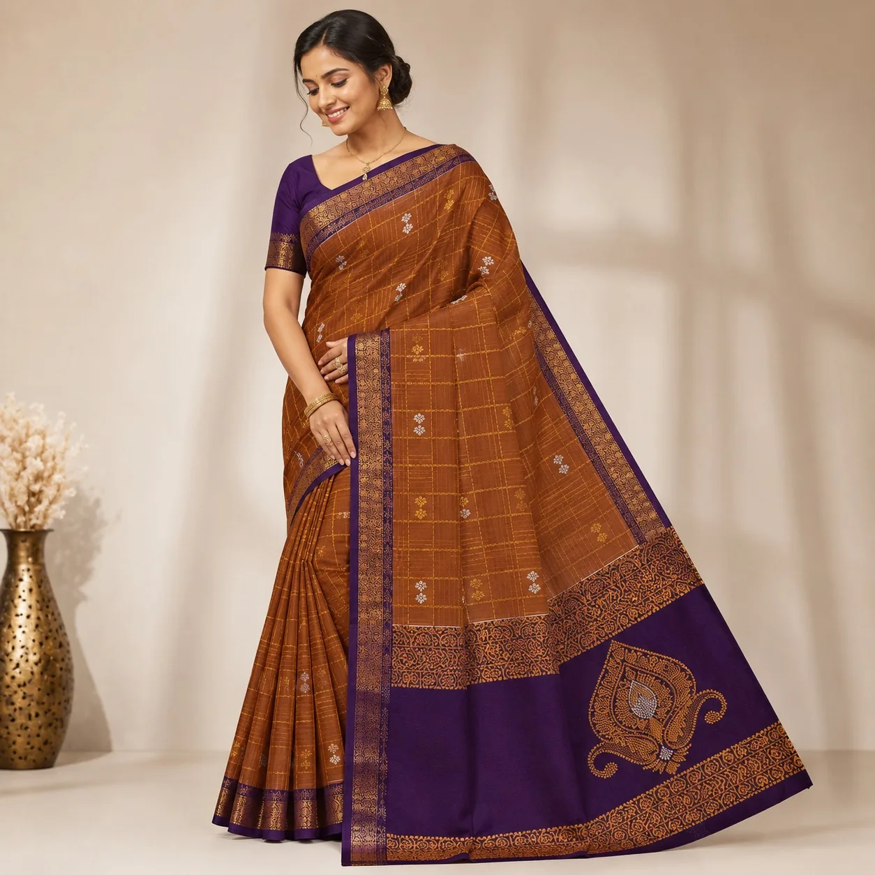 Rust Brown and Deep Purple Traditional Saree