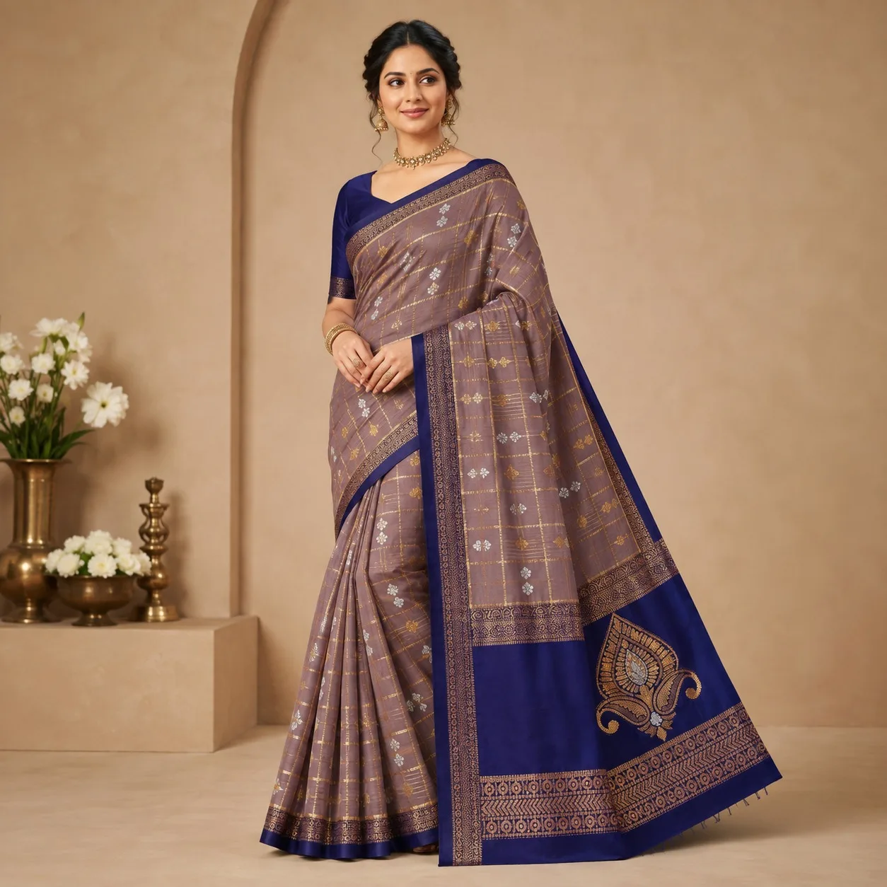 Mauve Grey Saree with Royal Blue Border