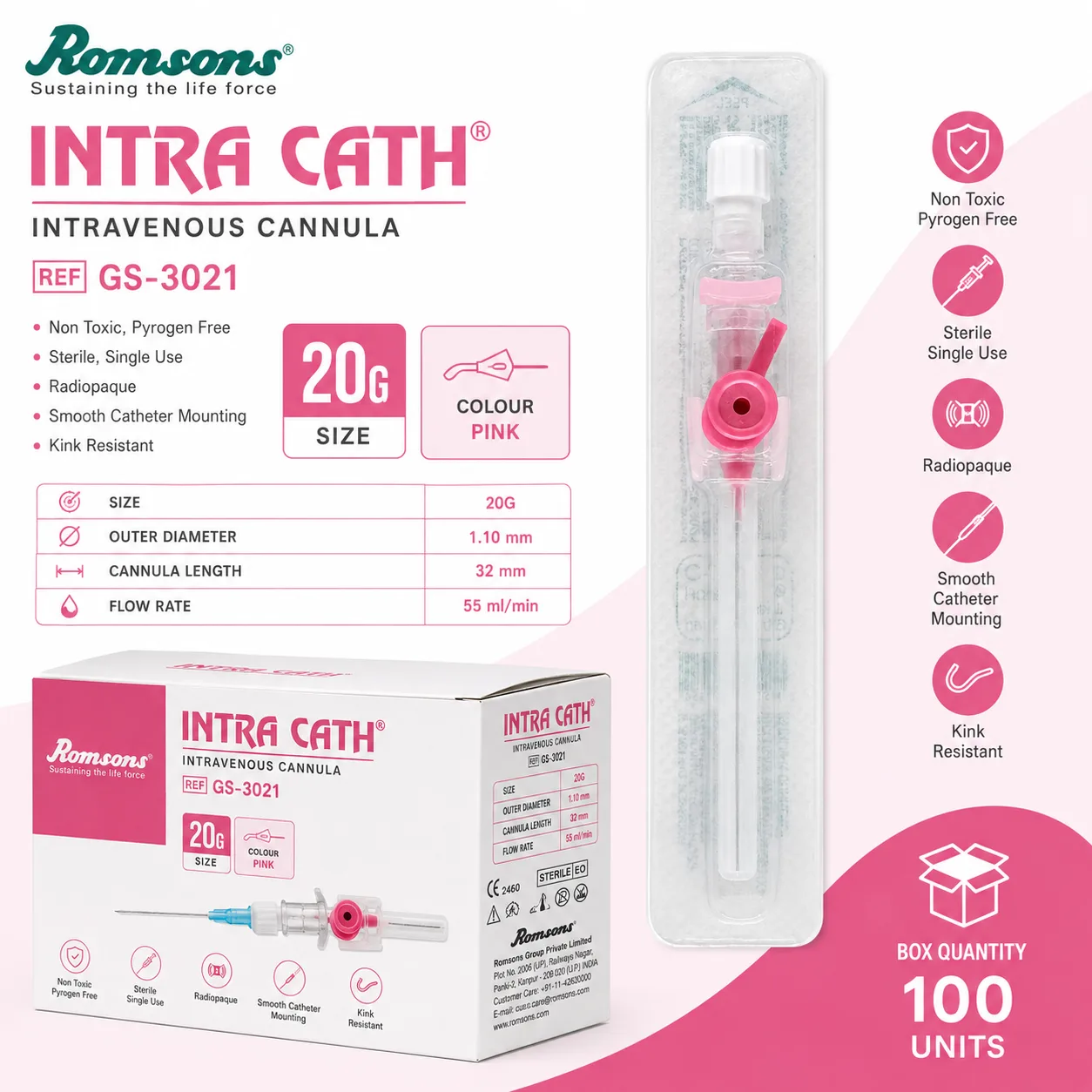 Romsons Intra Cath GS-3021) Advanced I.V. Cannula with injection port, wings and luer lock connector