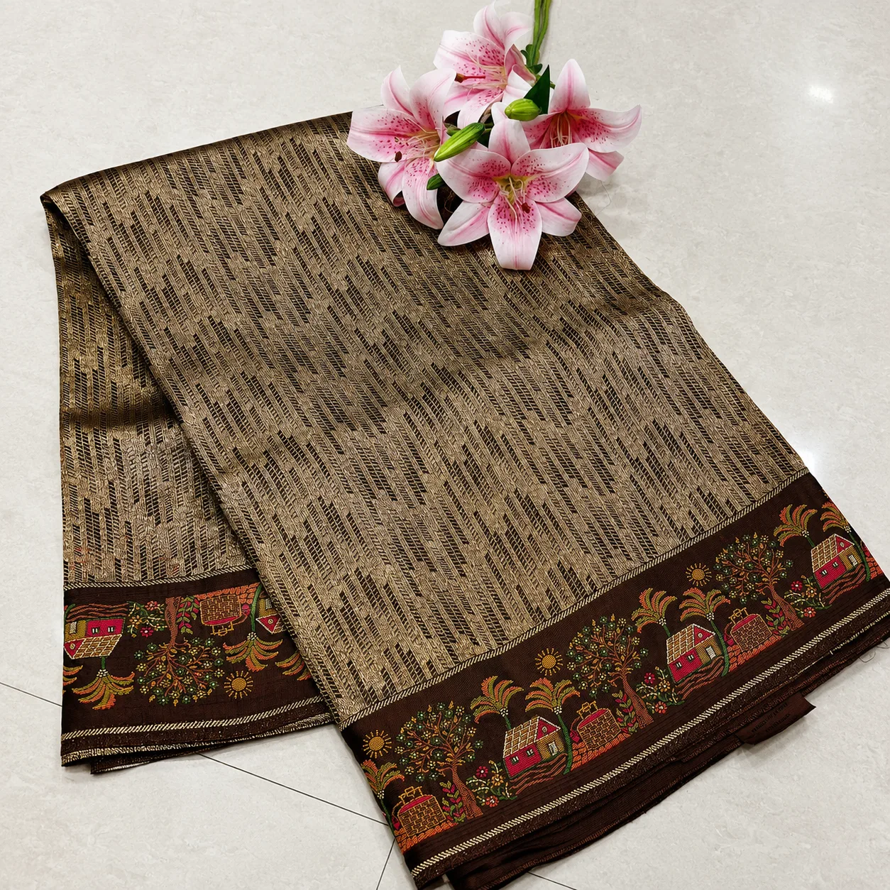Brown Village Border Printed Saree