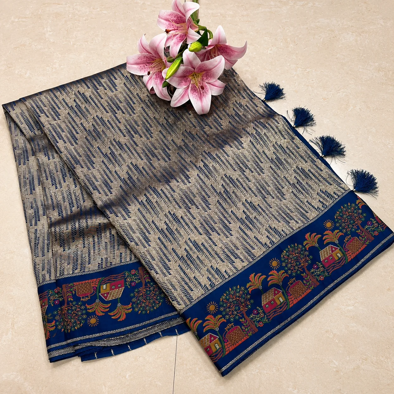 Navy Blue Village Border Woven Saree