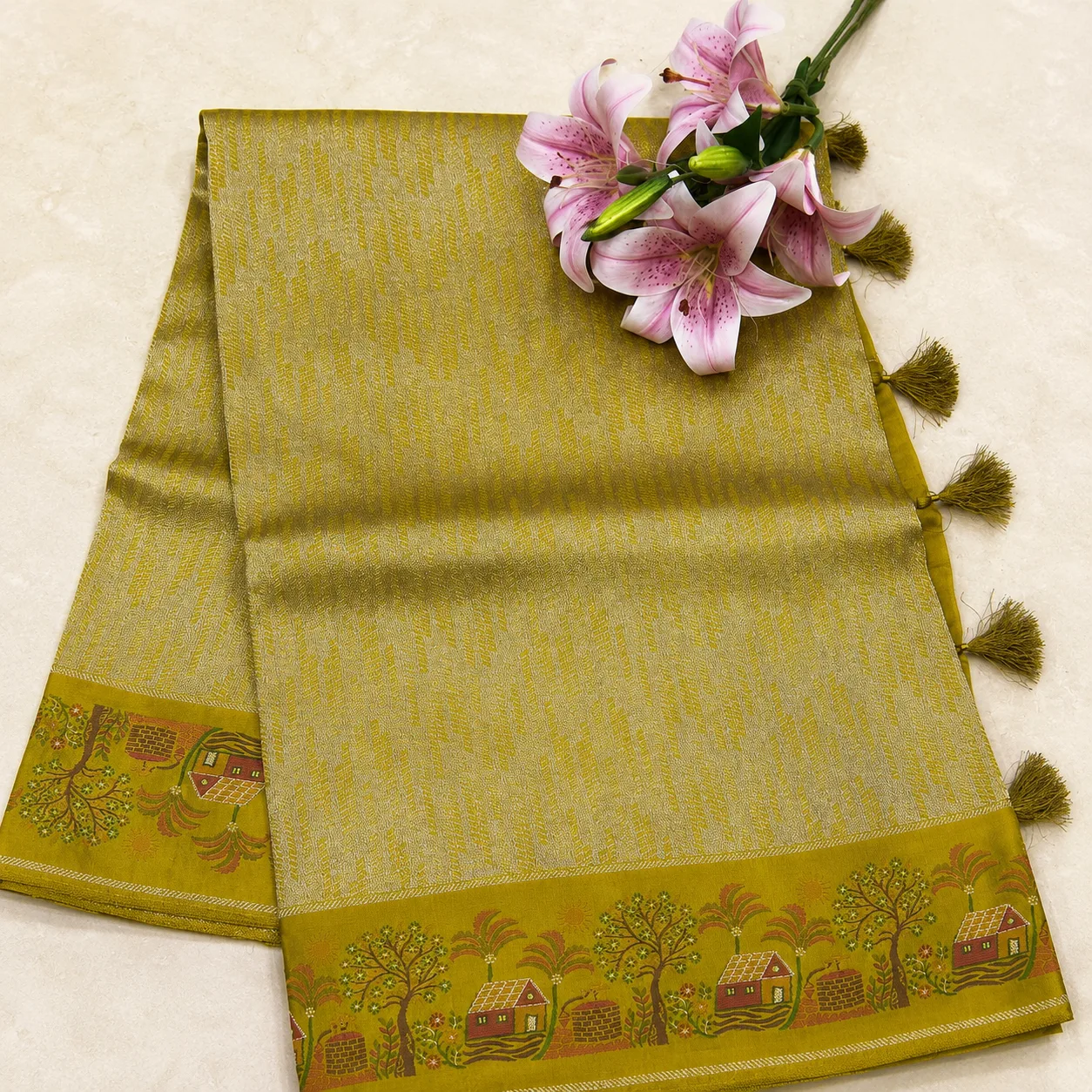 Golden Olive Village Border Saree
