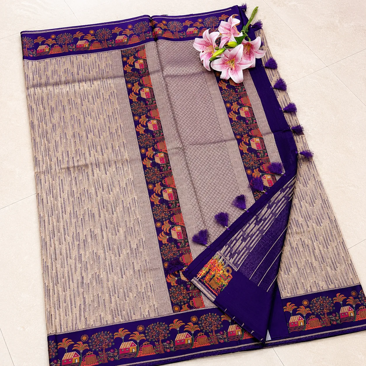 Purple Village Motif Woven Saree