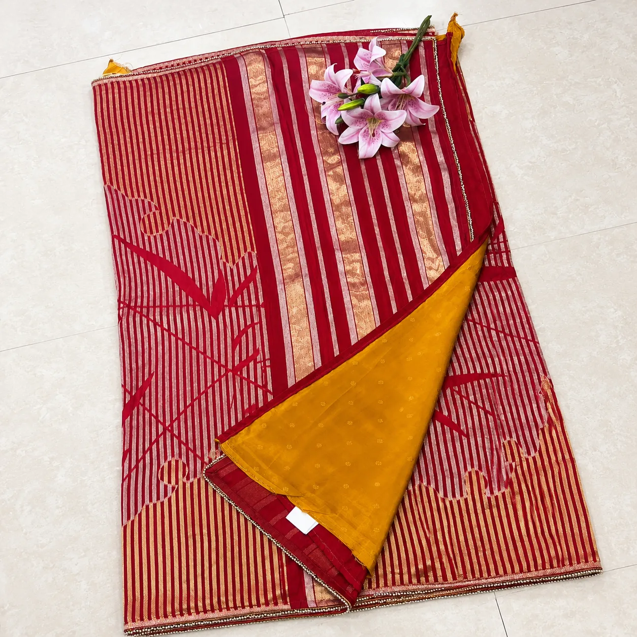 Red & Mustard Gold Striped Saree
