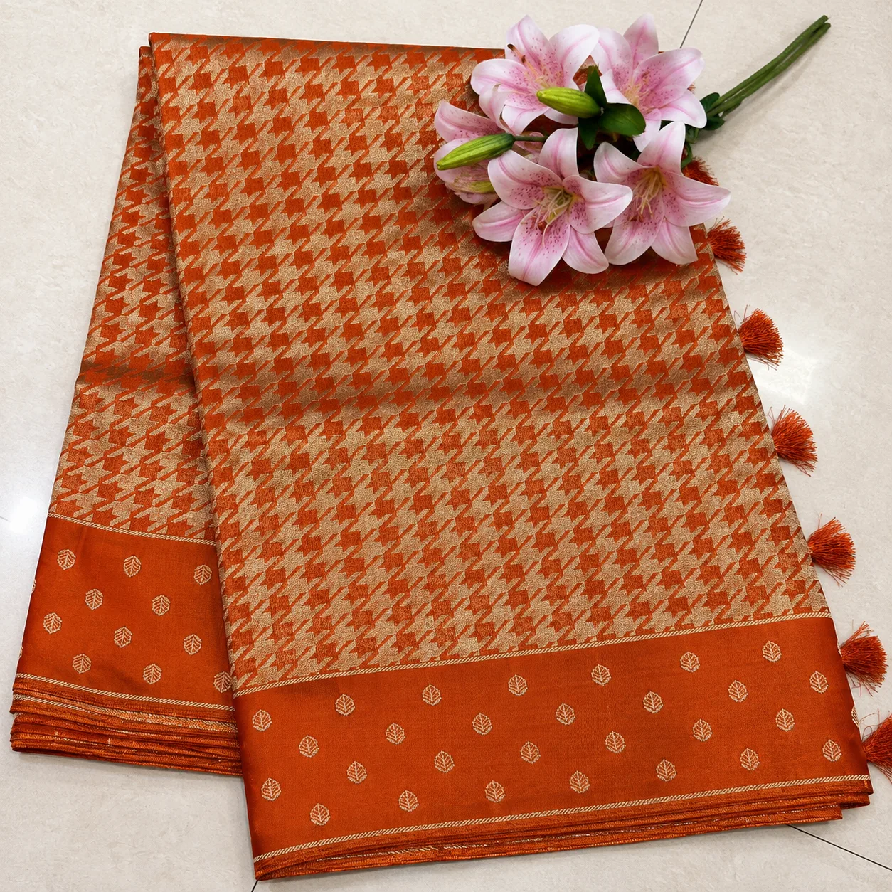 Burnt Orange Gold Geometric Saree