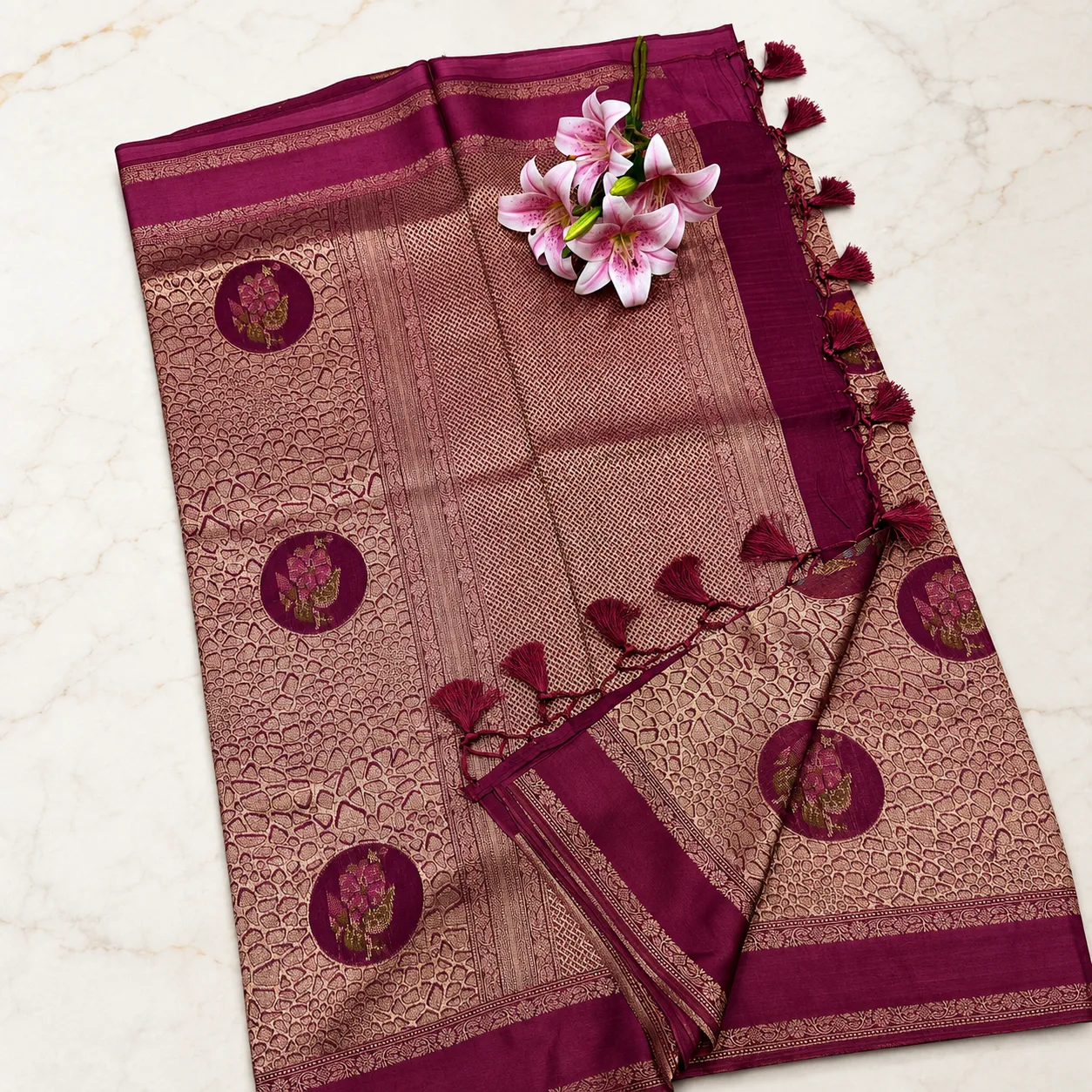 Maroon Gold Floral Brocade Saree