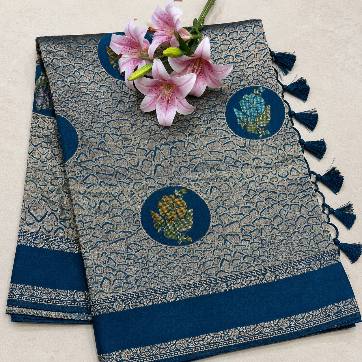 Teal Blue Floral Medallion Saree