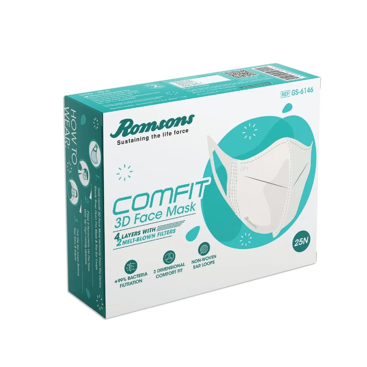 Romsons Comfit 3D Face Mask 4 Layers with 2 Melt-Blown Filter GS-6146, (1 Box,25N)