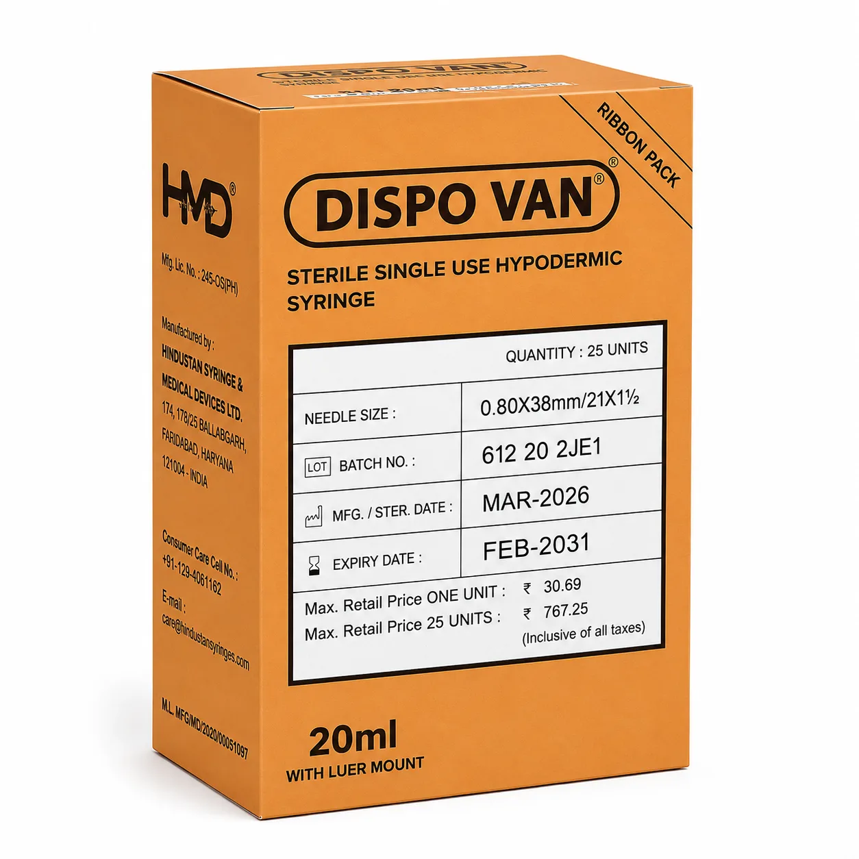 DISPO VAN 20ml Sterile Single Use Hypodermic Syringe with Luer Mount – Pack of 25 Units