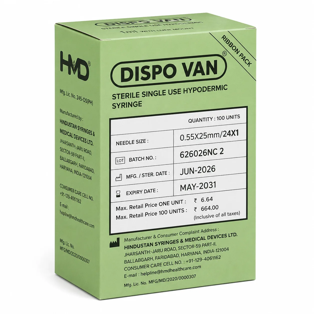 DISPO VAN 2ml Sterile Single Use Hypodermic Syringe with Luer Mount – Pack of 100 Units