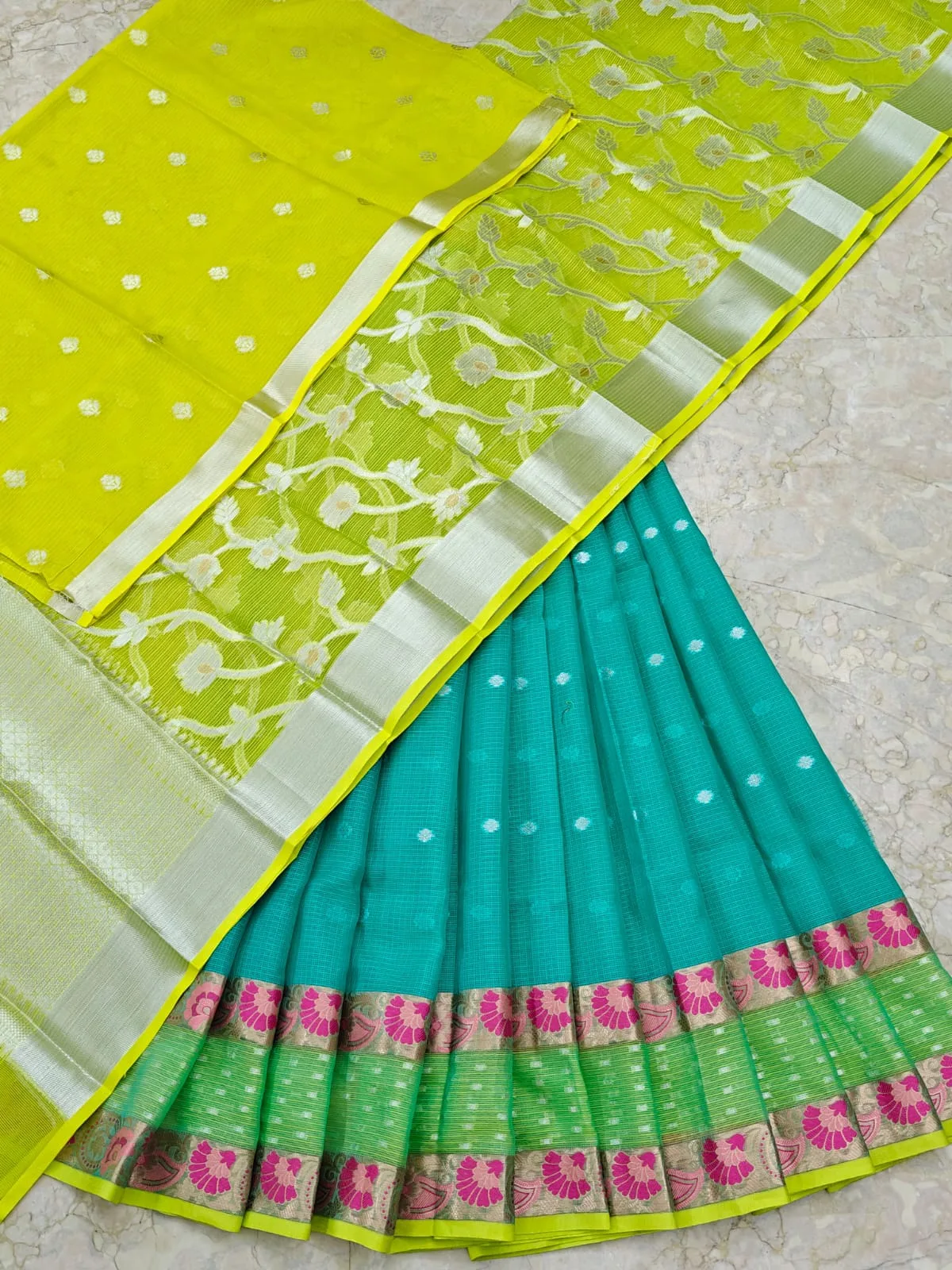 Lime Green and Teal Floral Border Kota Saree
