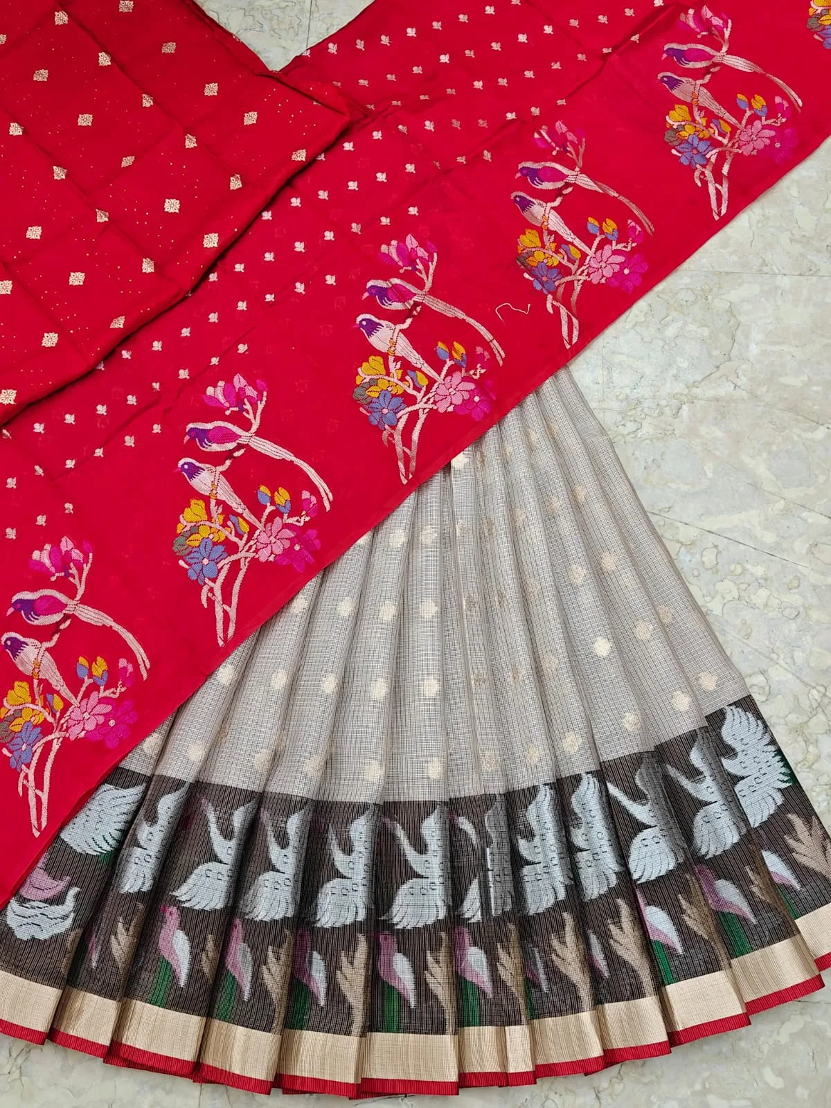 Red and Beige Bird Motif Designer Saree