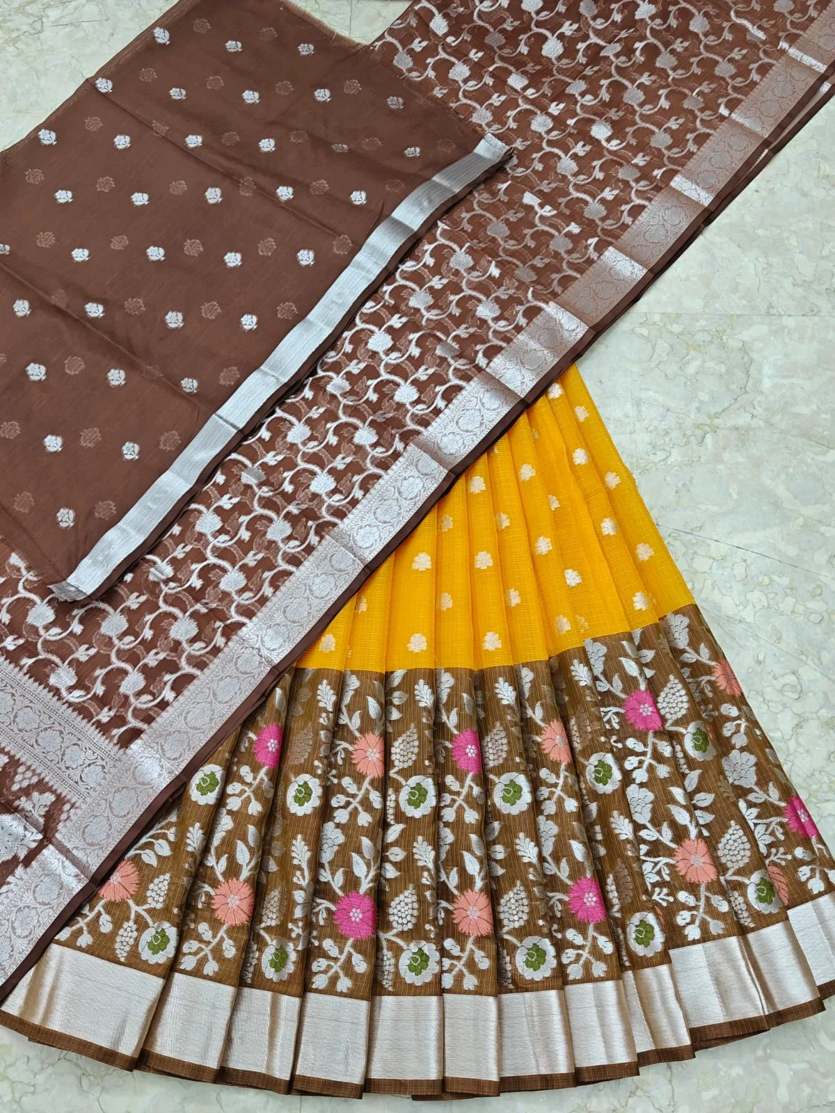 Mustard Yellow and Brown Floral Border Saree