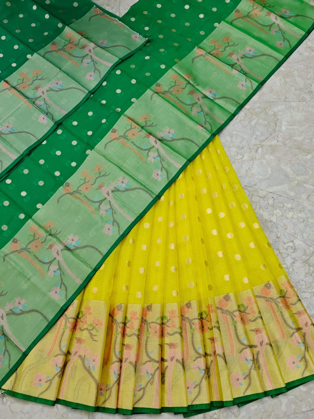 Lemon Yellow and Emerald Green Bird Motif Saree