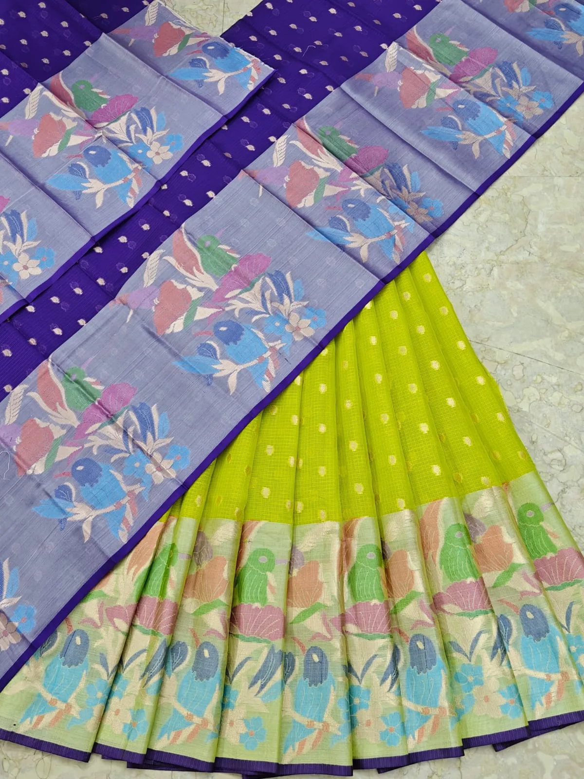 Lime Green and Royal Purple Bird Motif Saree