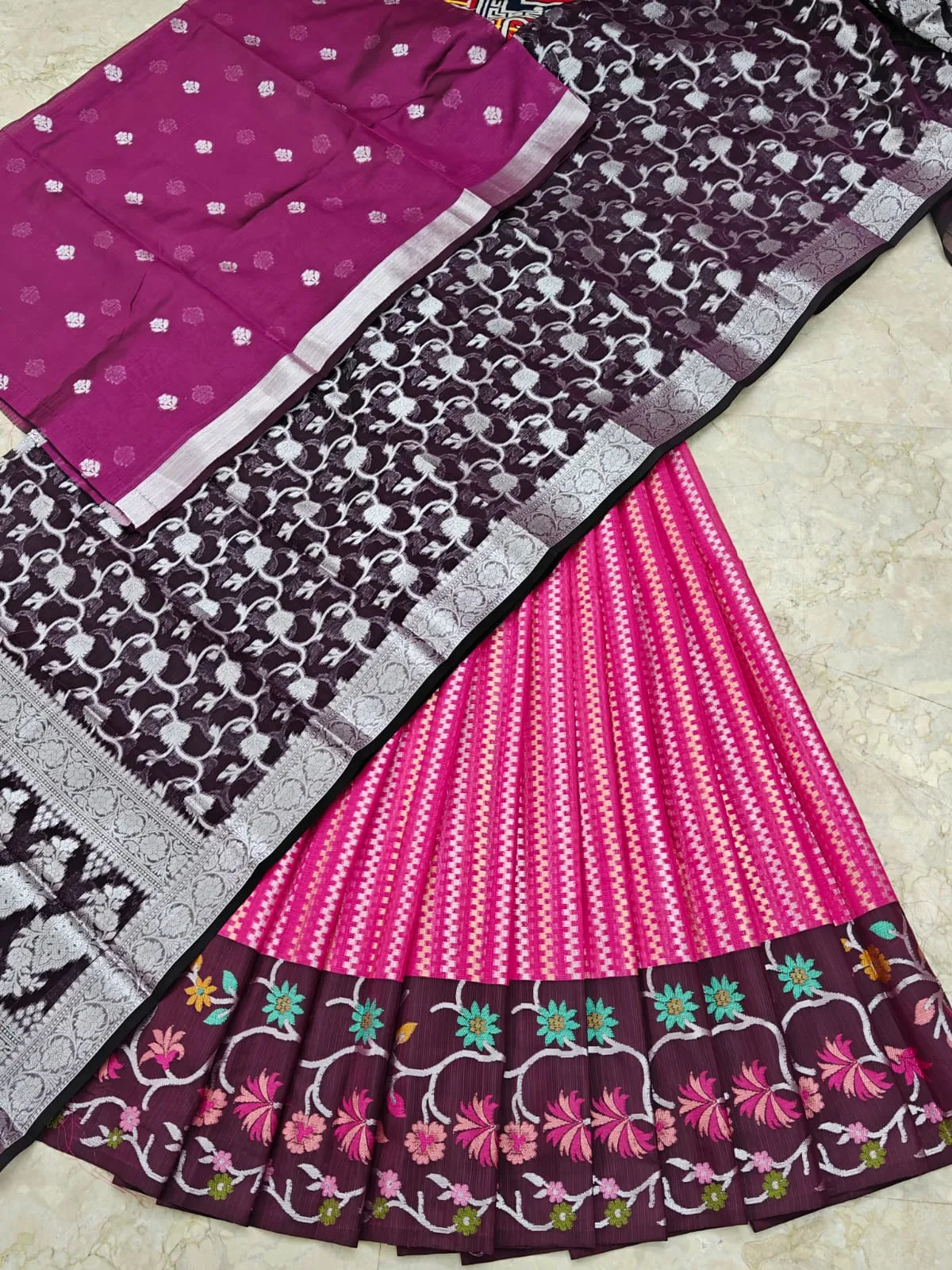 Rani Pink and Wine Floral Border Designer Saree