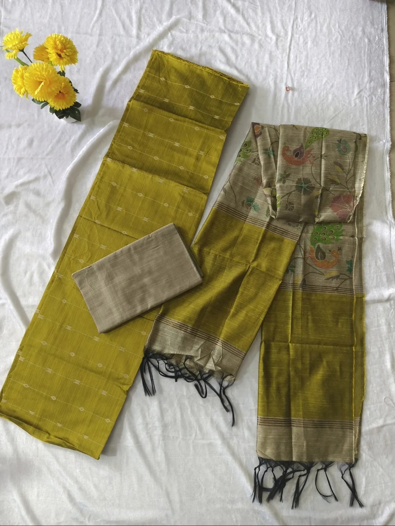 💛 “Olive Mustard Peacock Print Cotton Suit Set”