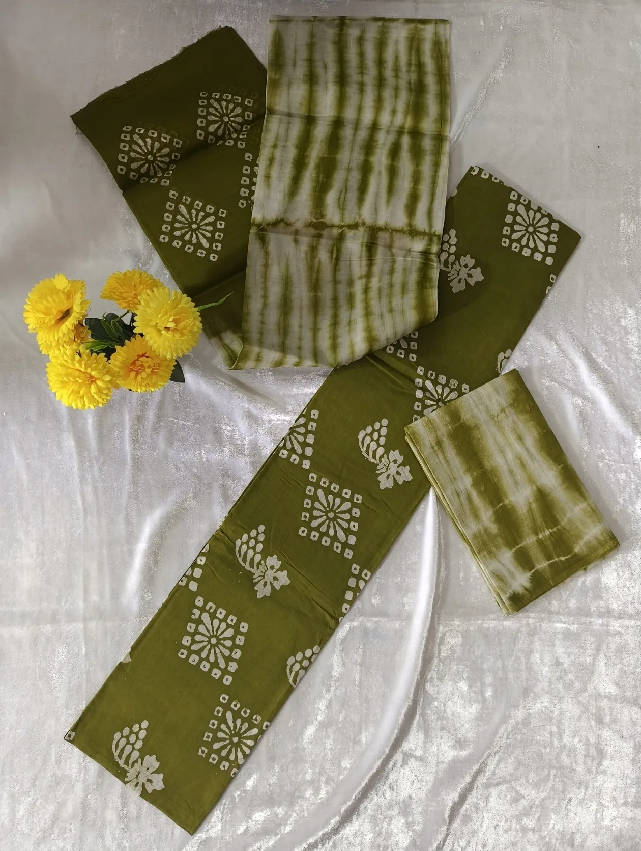“Olive Green Bandhani Cotton Dress Material”