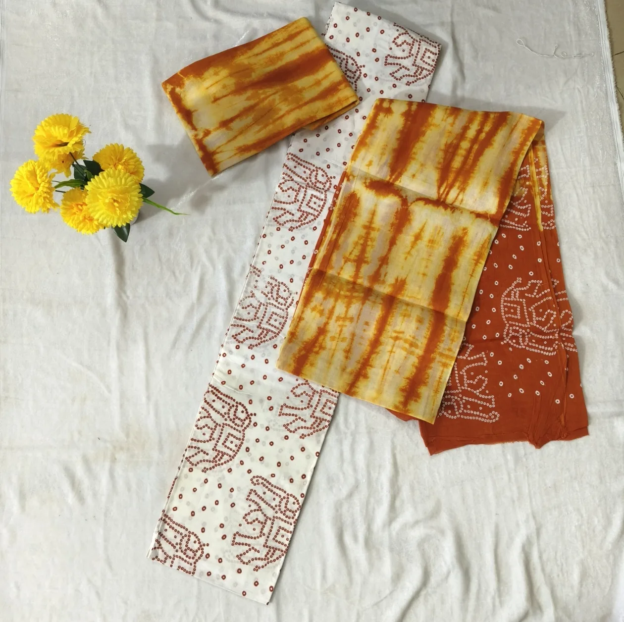“Rust Orange Shibori Bandhani Cotton Dress Material”