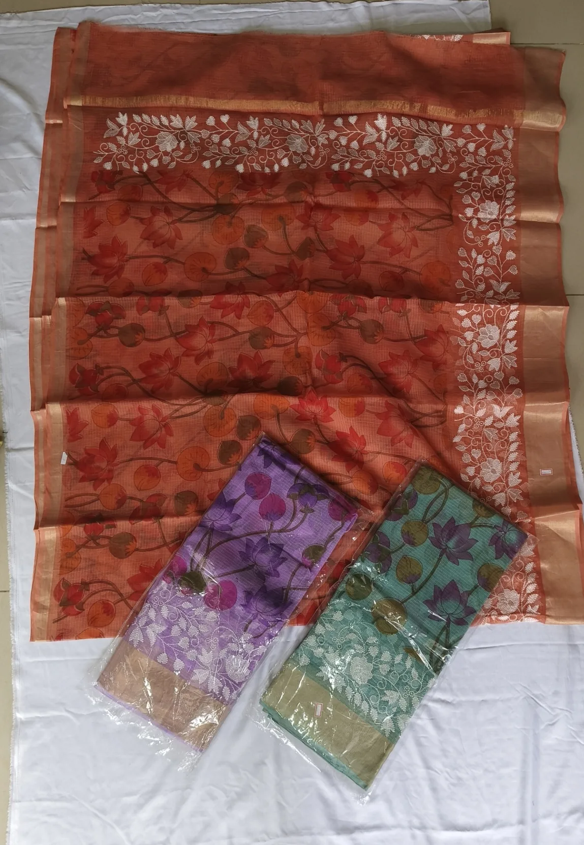 Peach Orange Kota Doria Floral Saree
