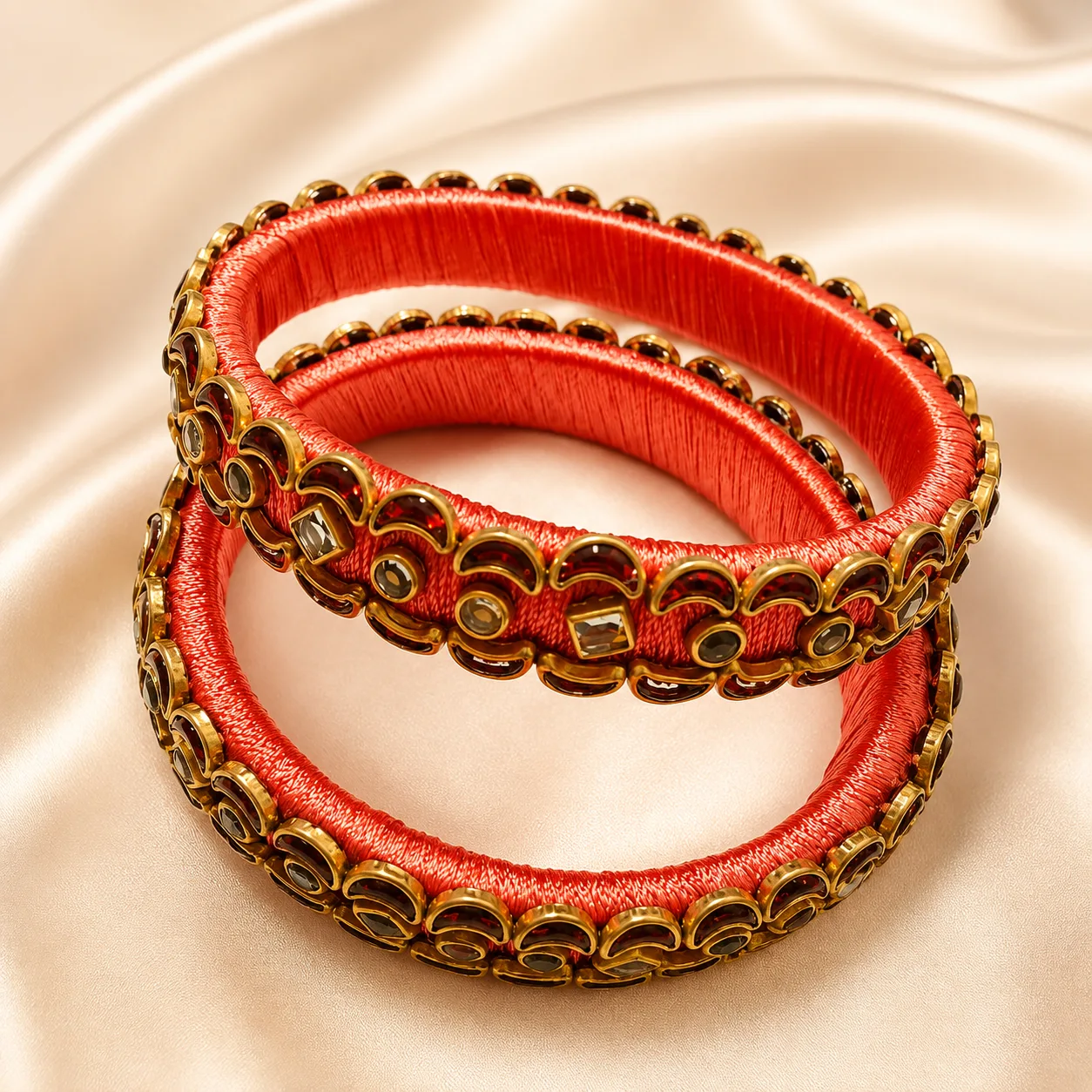 Red Silk Thread Antique Stone Bangles
