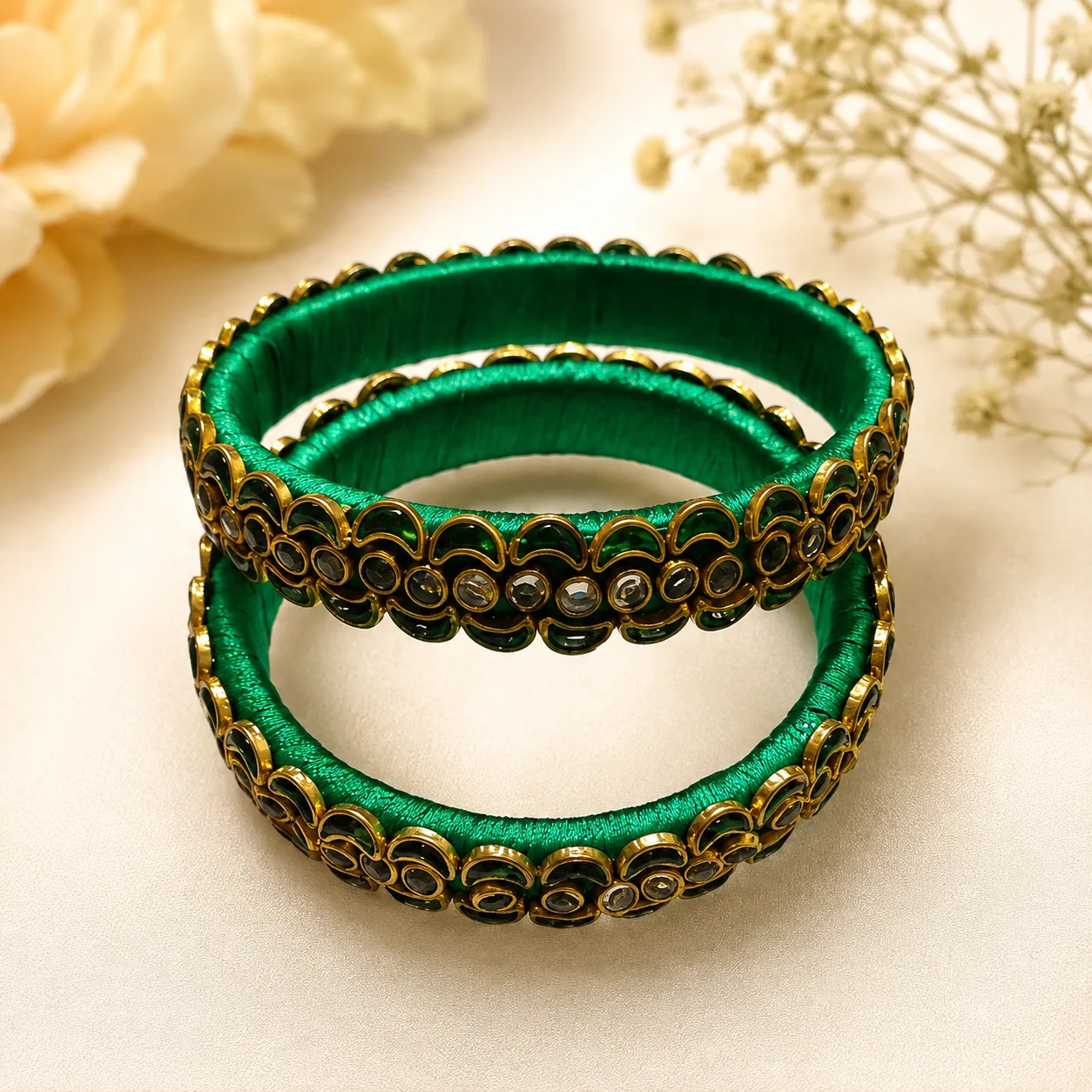 Green Silk Thread Antique Stone Bangles
