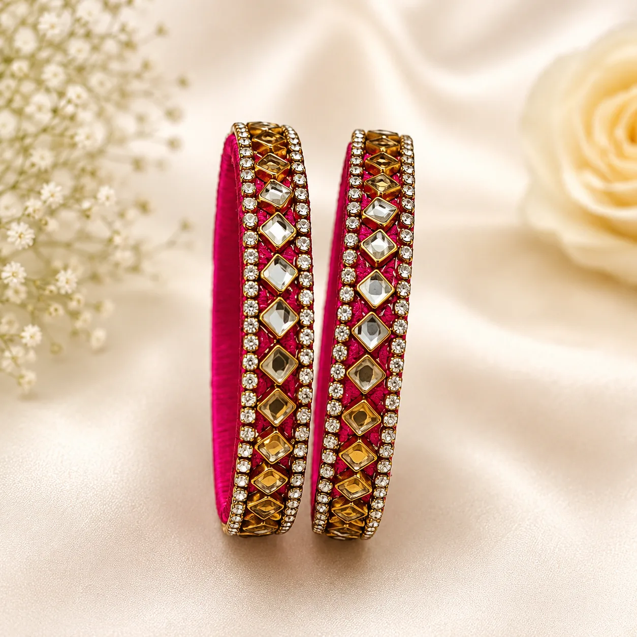 Pink Kundan Stone Silk Thread Bangles