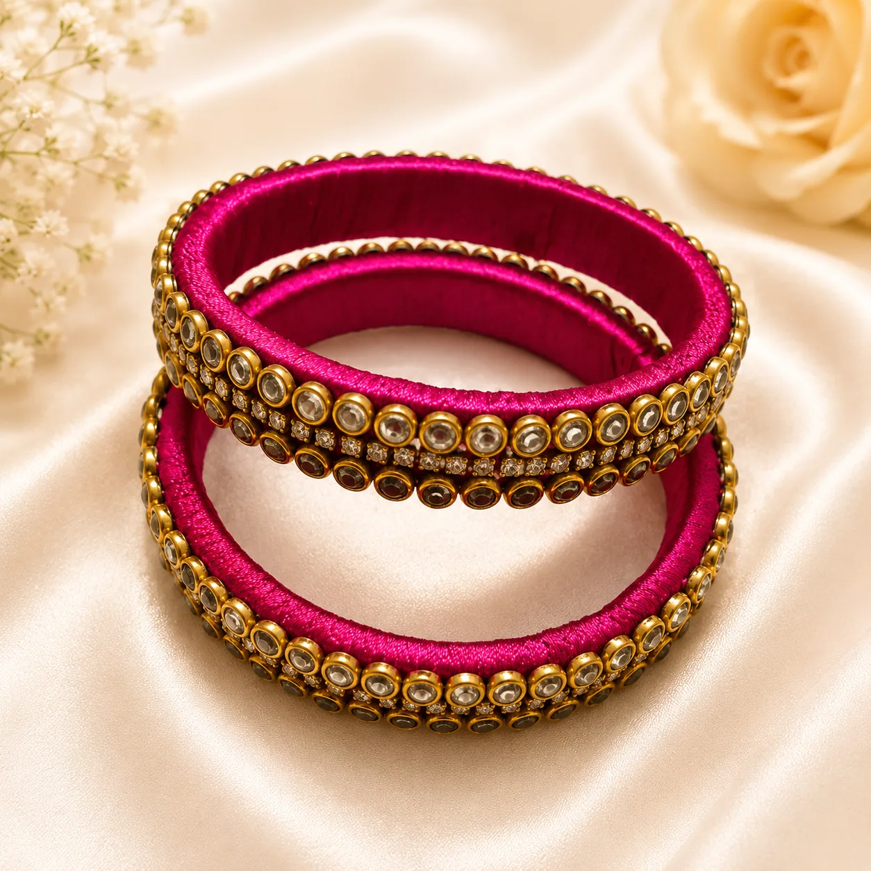 Pink Silk Thread Antique Stone Bangles