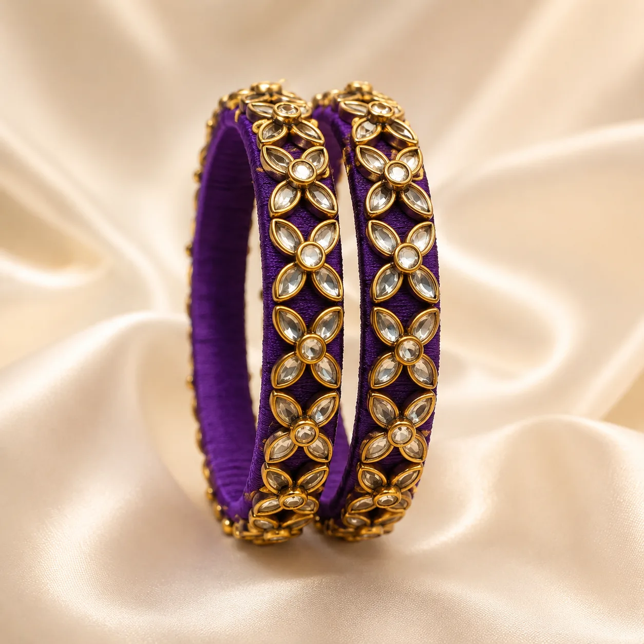 Purple Floral Kundan Silk Thread Bangles