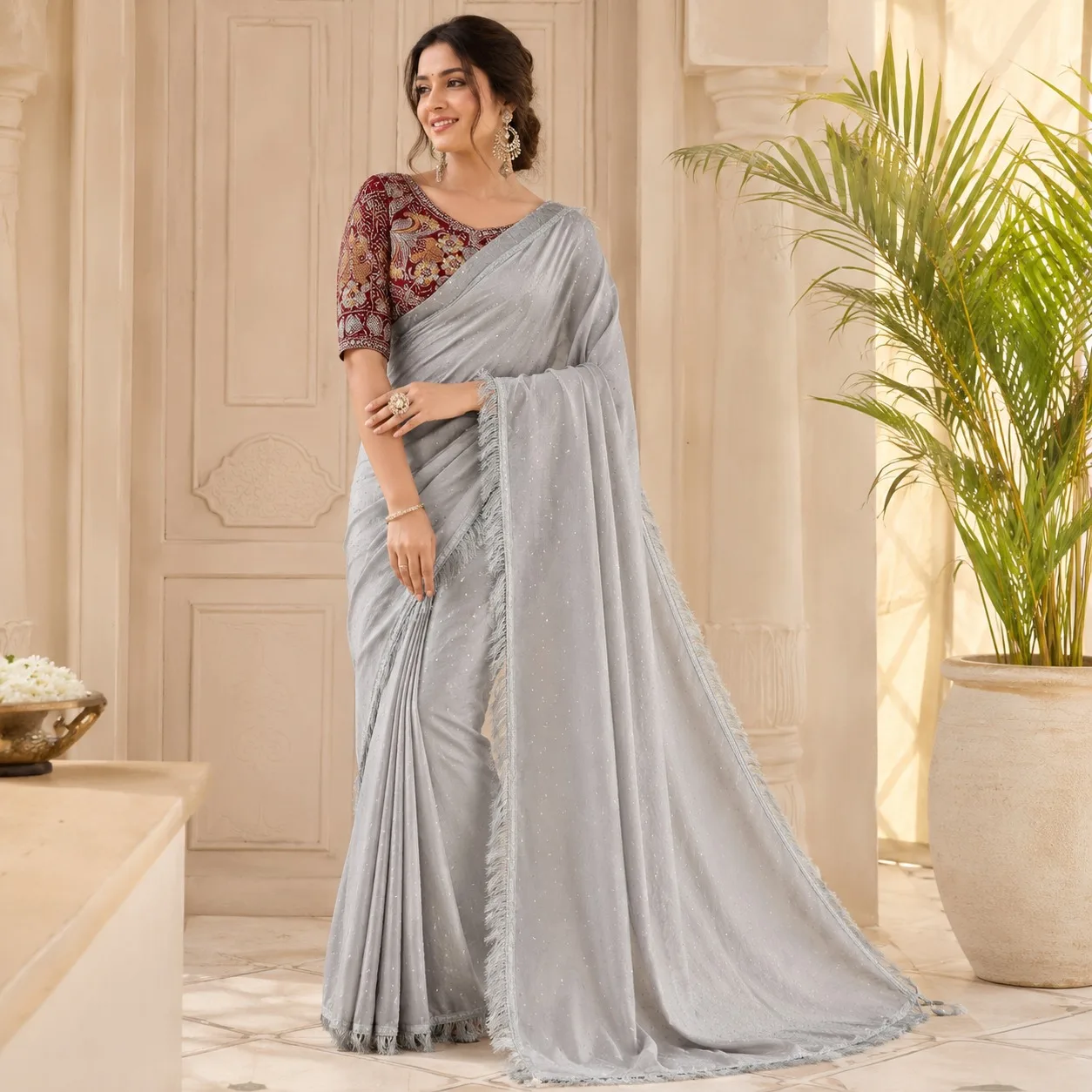 Silver Grey Designer Saree with Embroidered Maroon Blouse