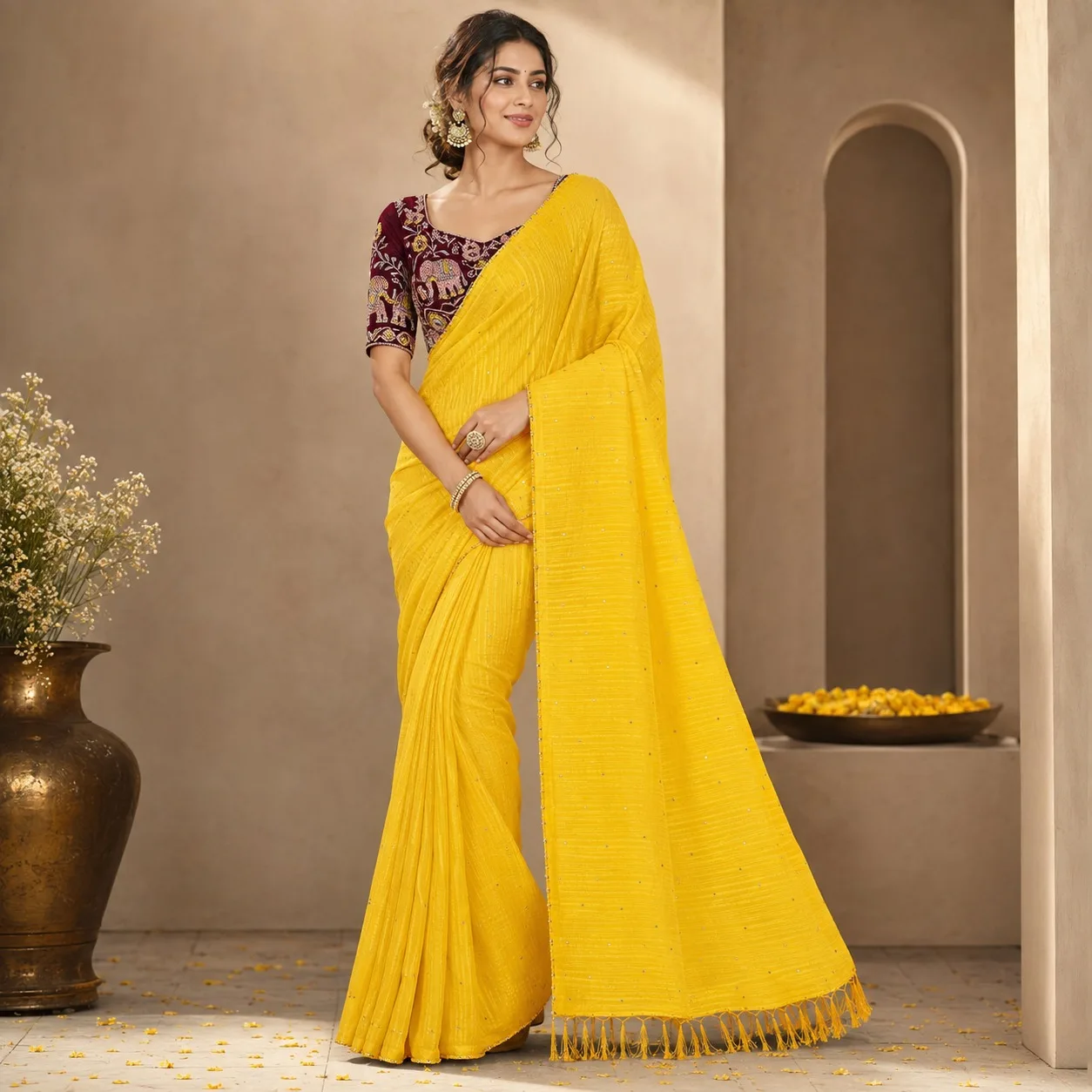 Mustard Yellow Designer Saree with Maroon Embroidered Blouse