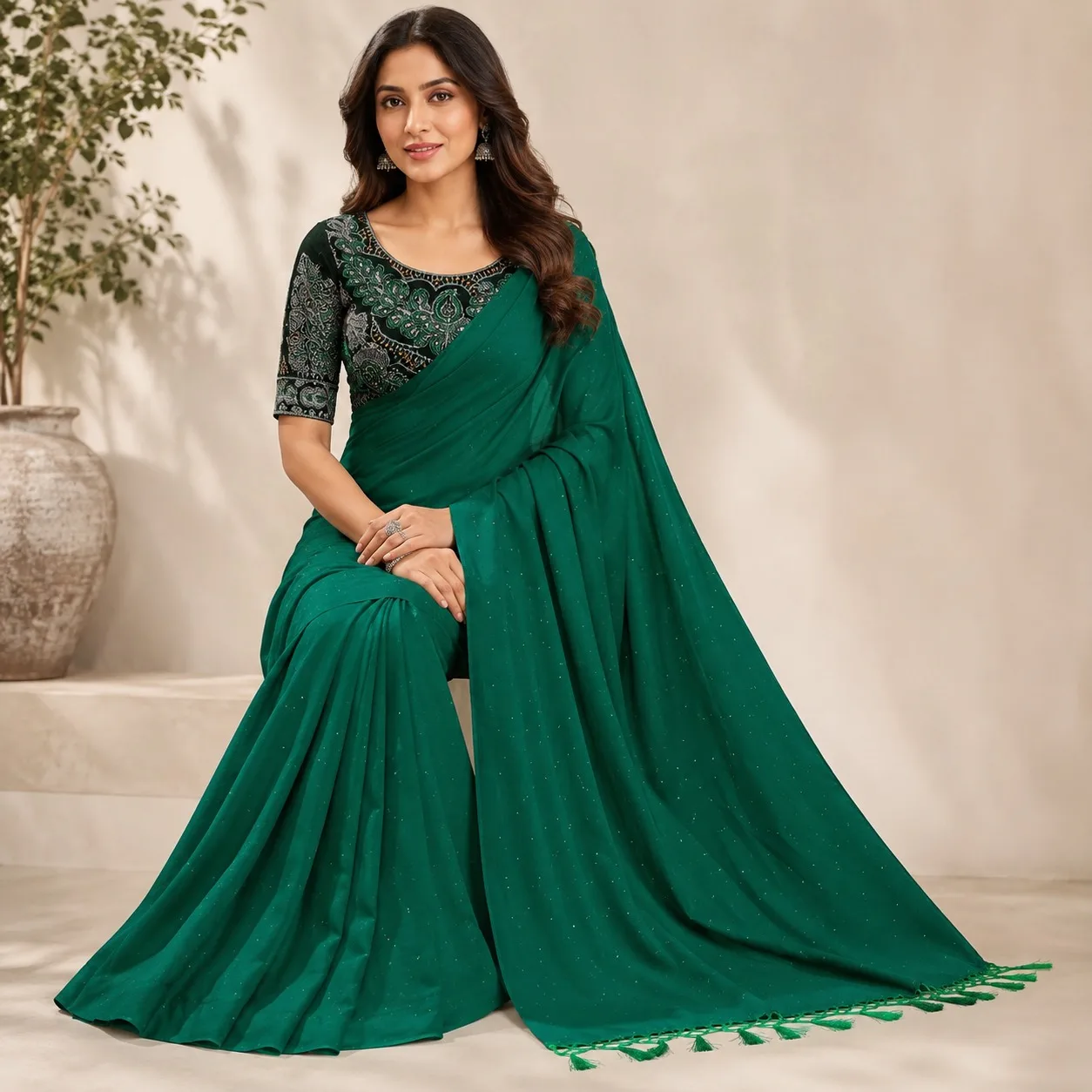 Emerald Green Designer Saree with Printed Blouse