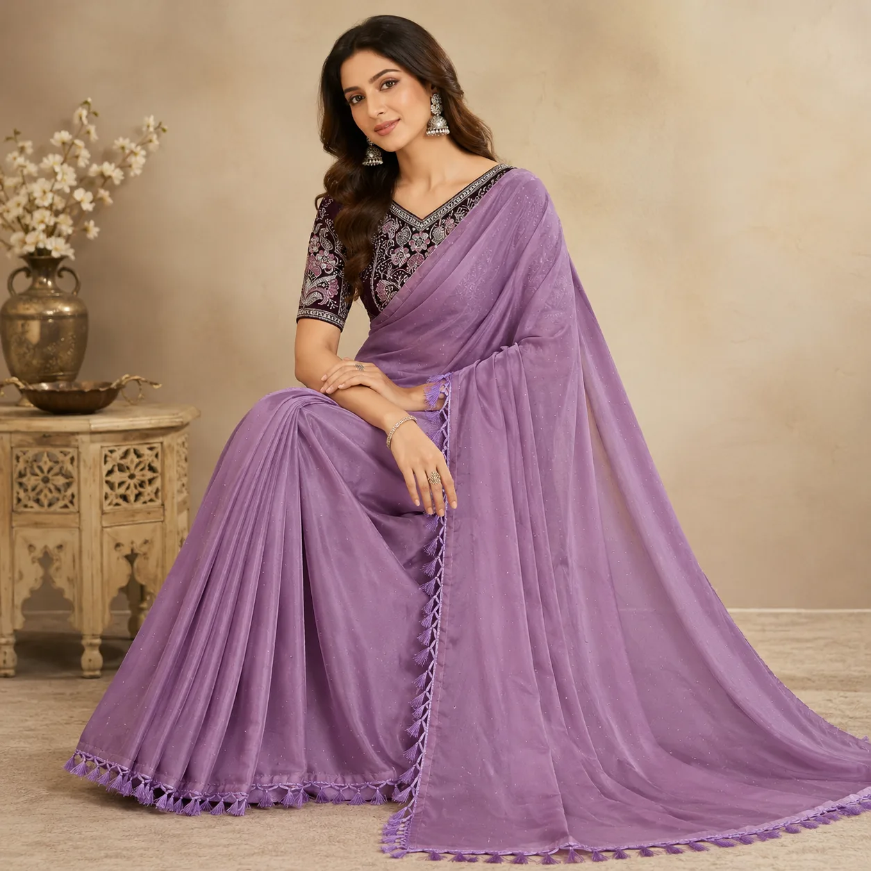 Lavender Purple Designer Saree with Embroidered Blouse
