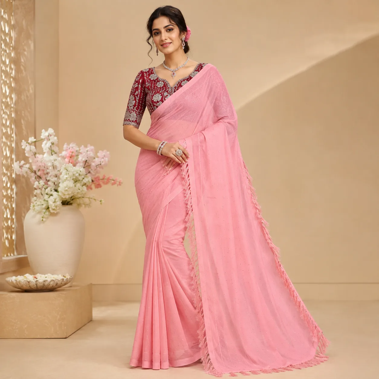 Blush Pink Designer Saree with Maroon Embroidered Blouse