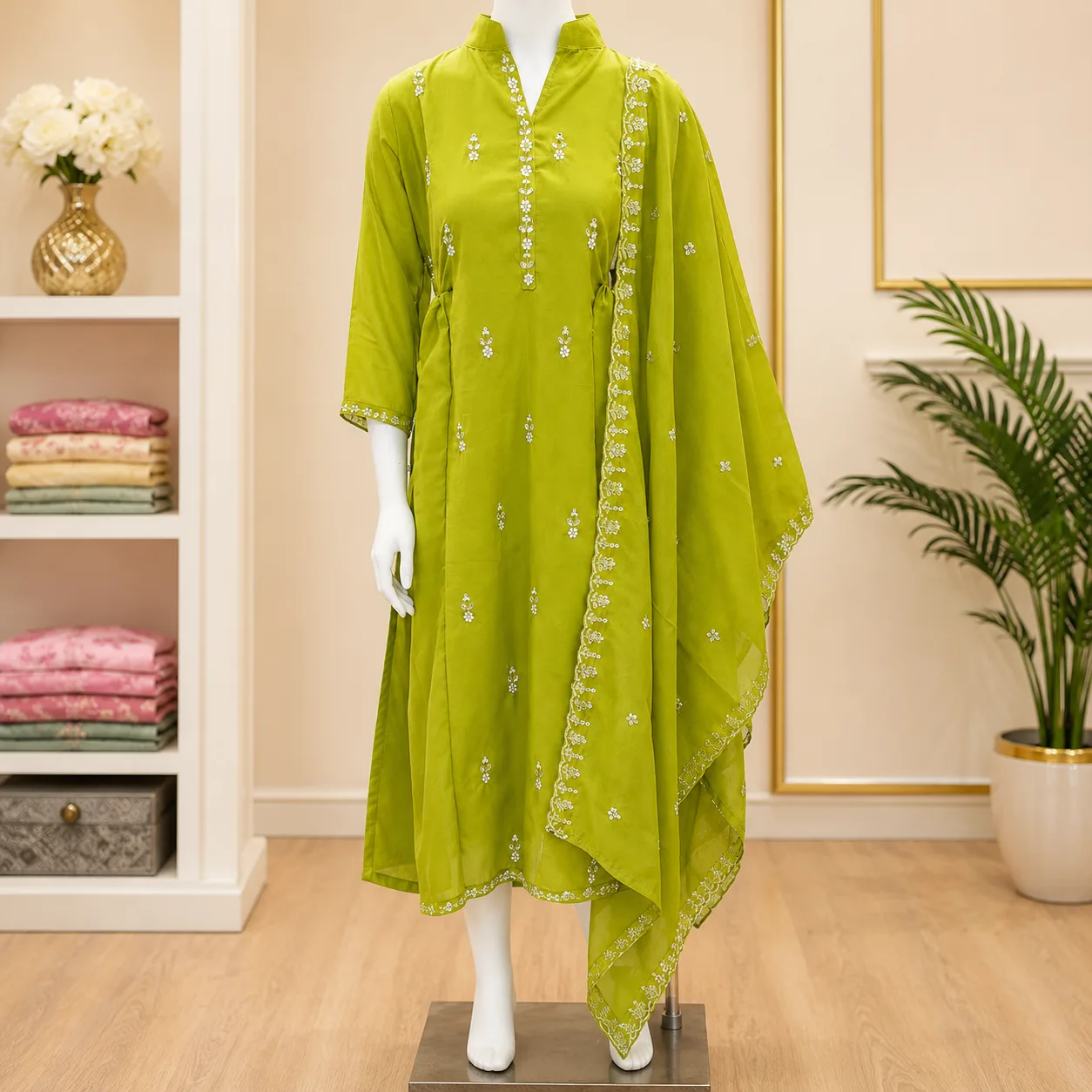 Lime Green Embroidered Kurta Set with Dupatta