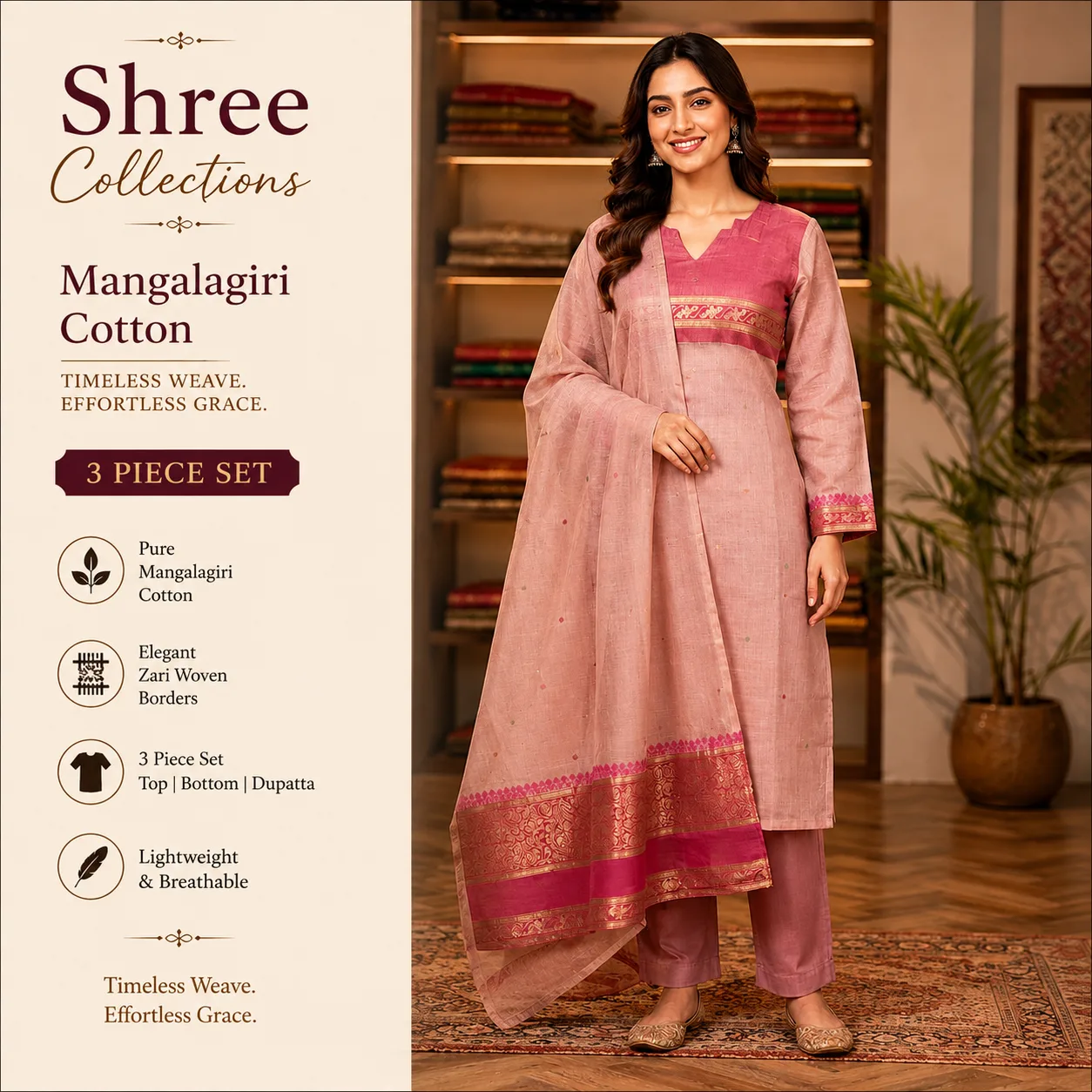 Shree Mangalagiri Cotton 3-Piece Dress Set