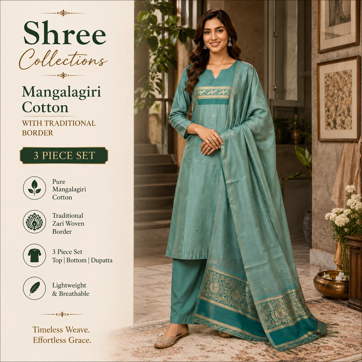 Teal Mangalagiri Cotton 3-Piece Dress Set